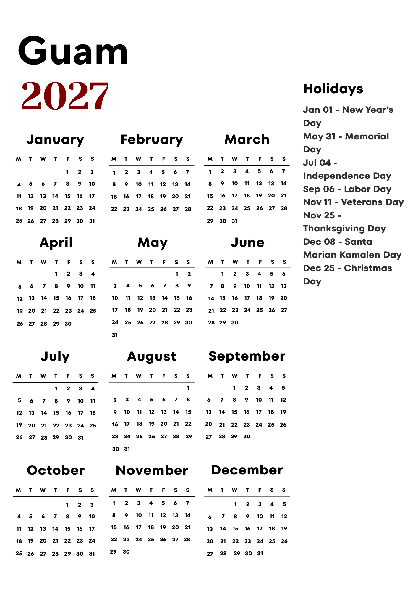 Guam Calendar 2027