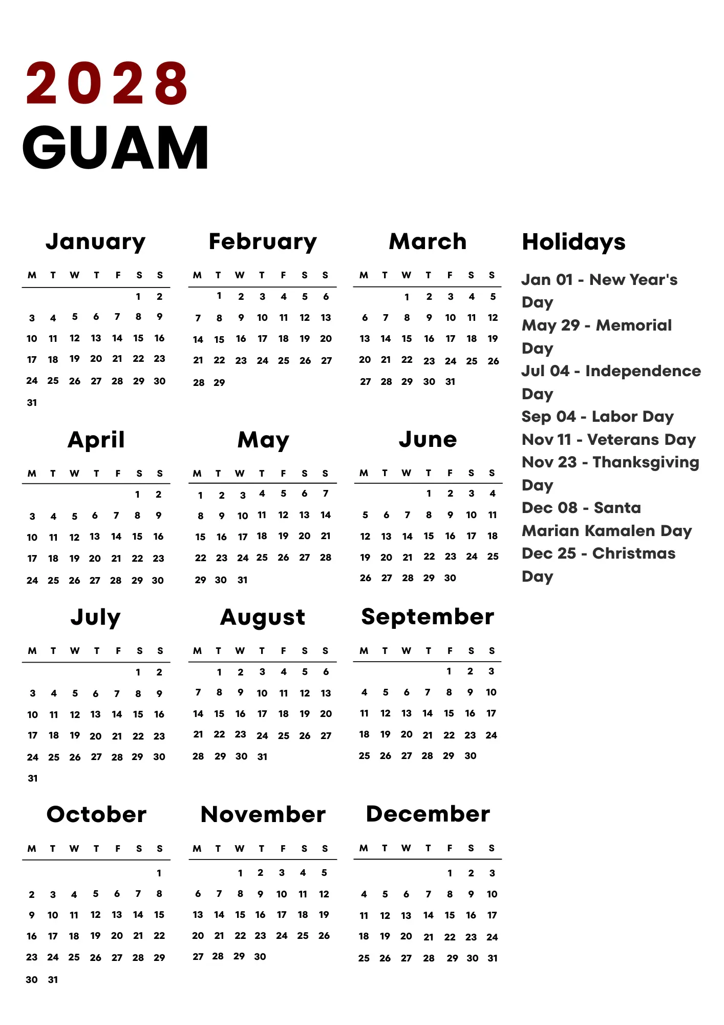 Guam Calendar 2028