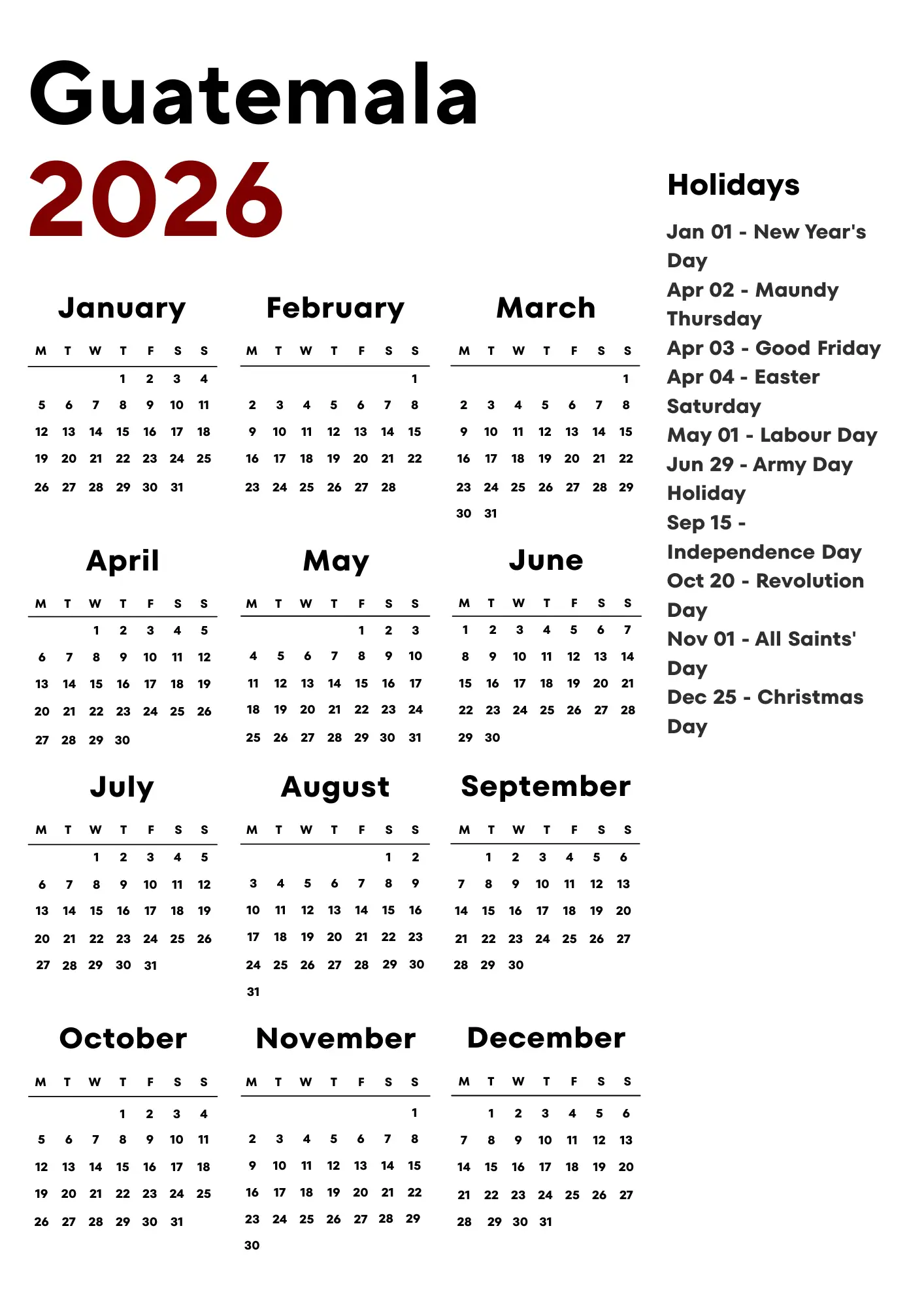 Guatemala Calendar 2026