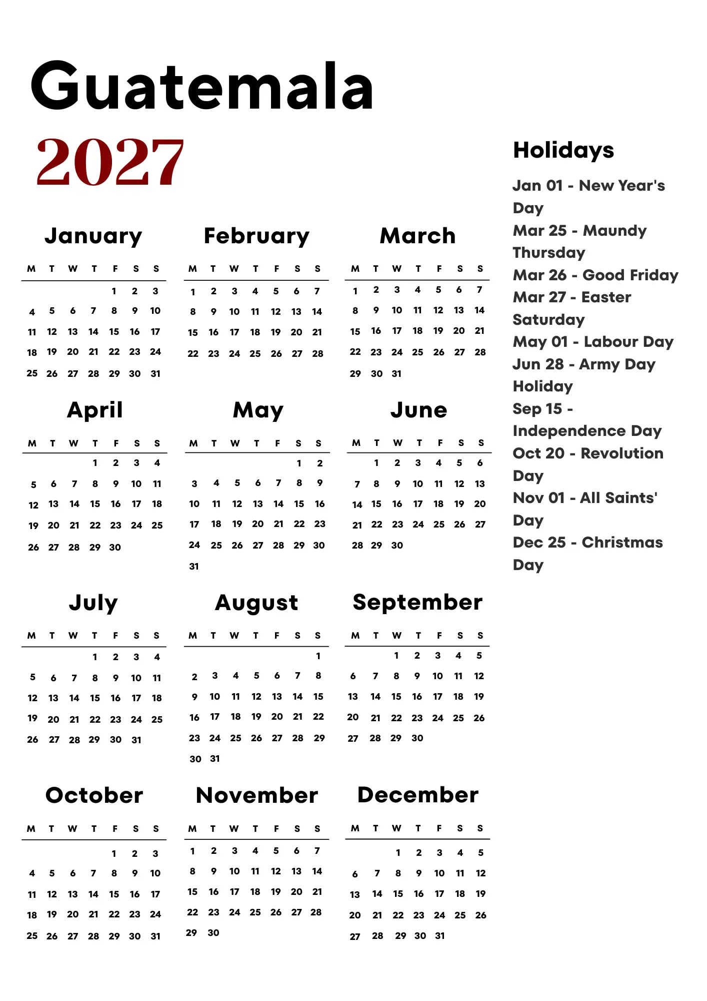 Guatemala Calendar 2027