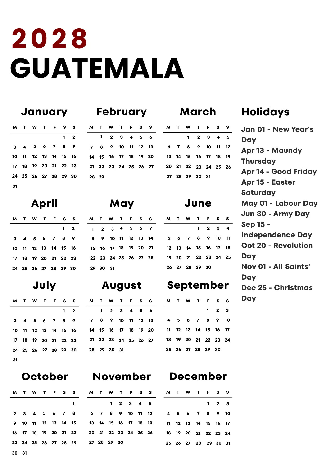 Guatemala Calendar 2028