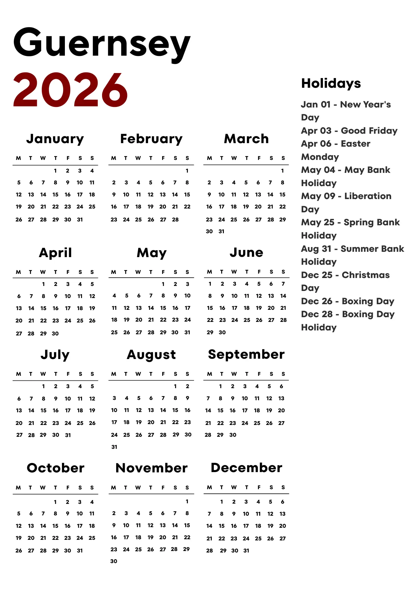 Guernsey Calendar 2026