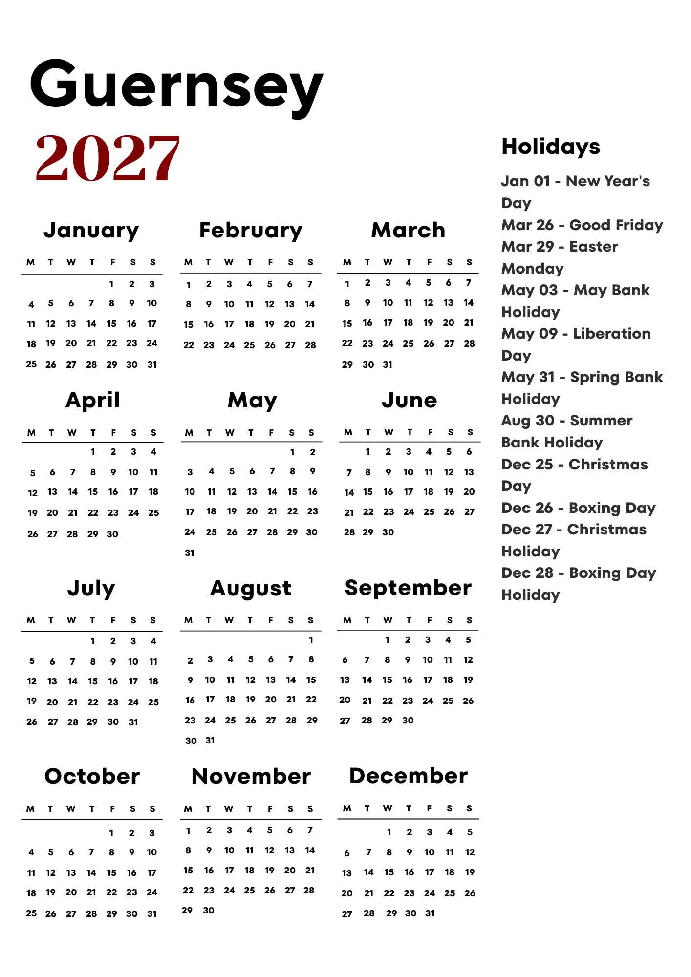 Guernsey Calendar 2027