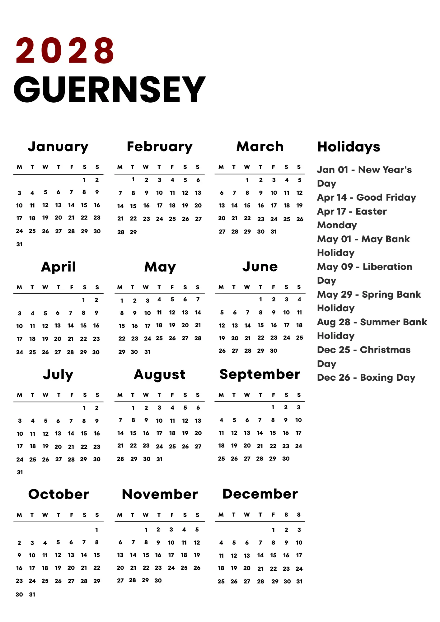 Guernsey Calendar 2028