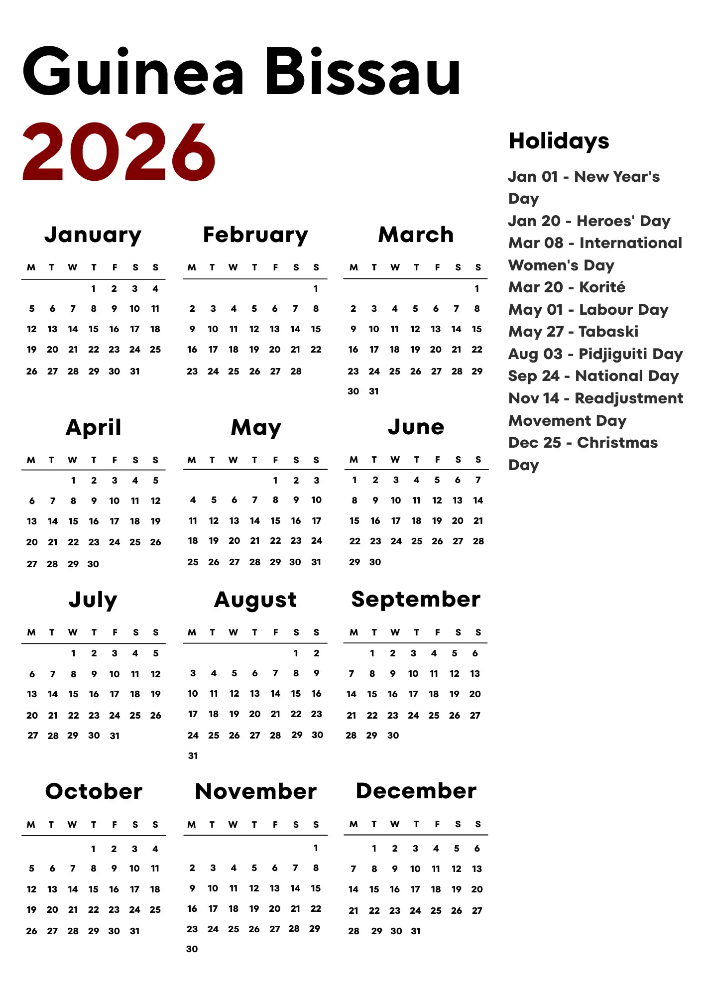 Guinea Bissau Calendar 2026