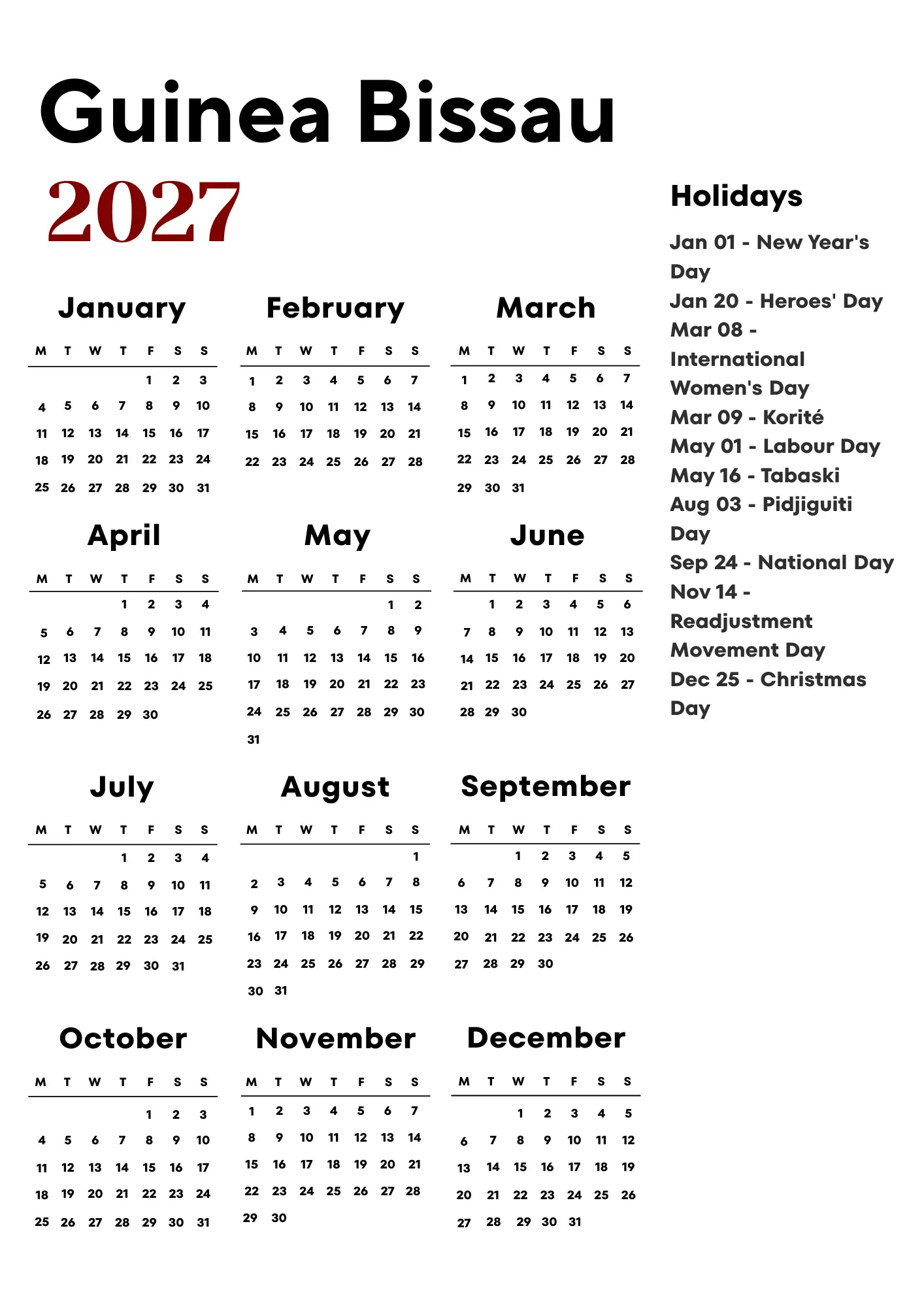 Guinea Bissau Calendar 2027