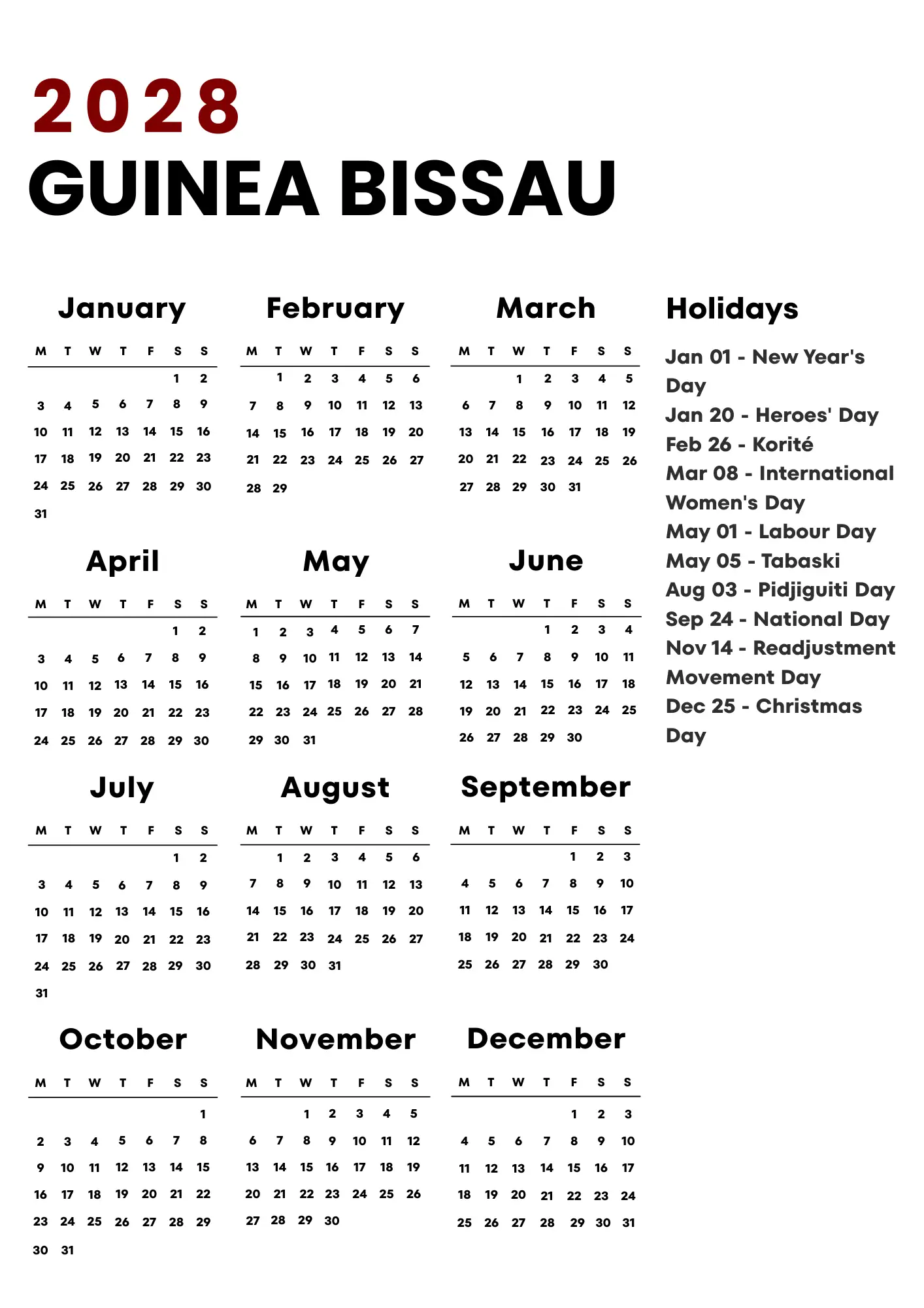 Guinea Bissau Calendar 2028