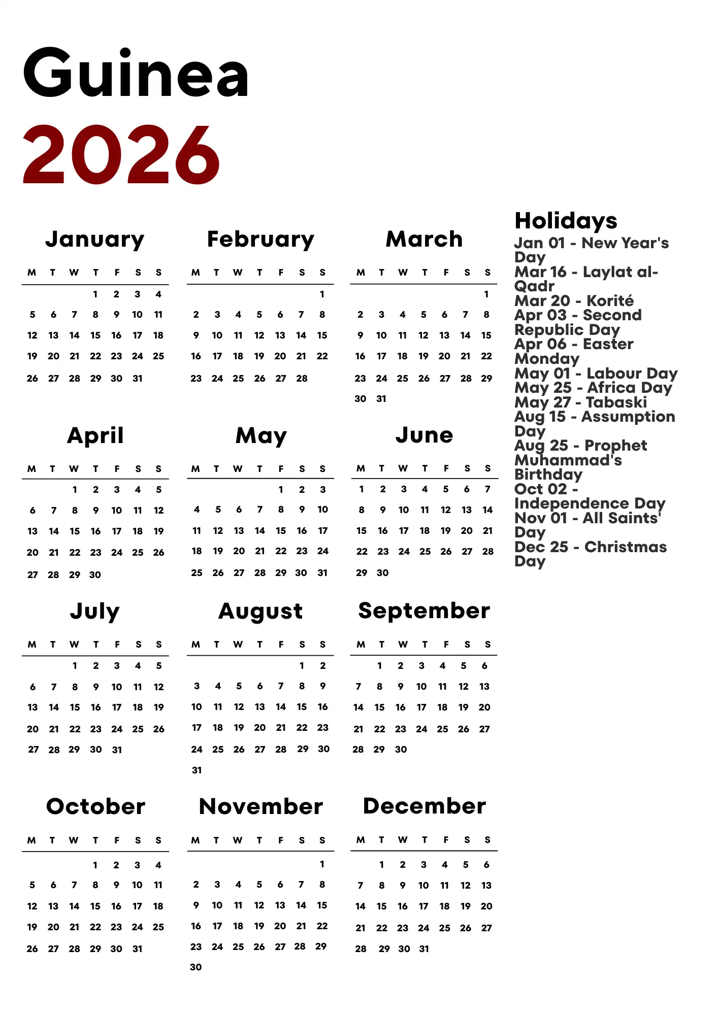 Guinea Calendar 2026
