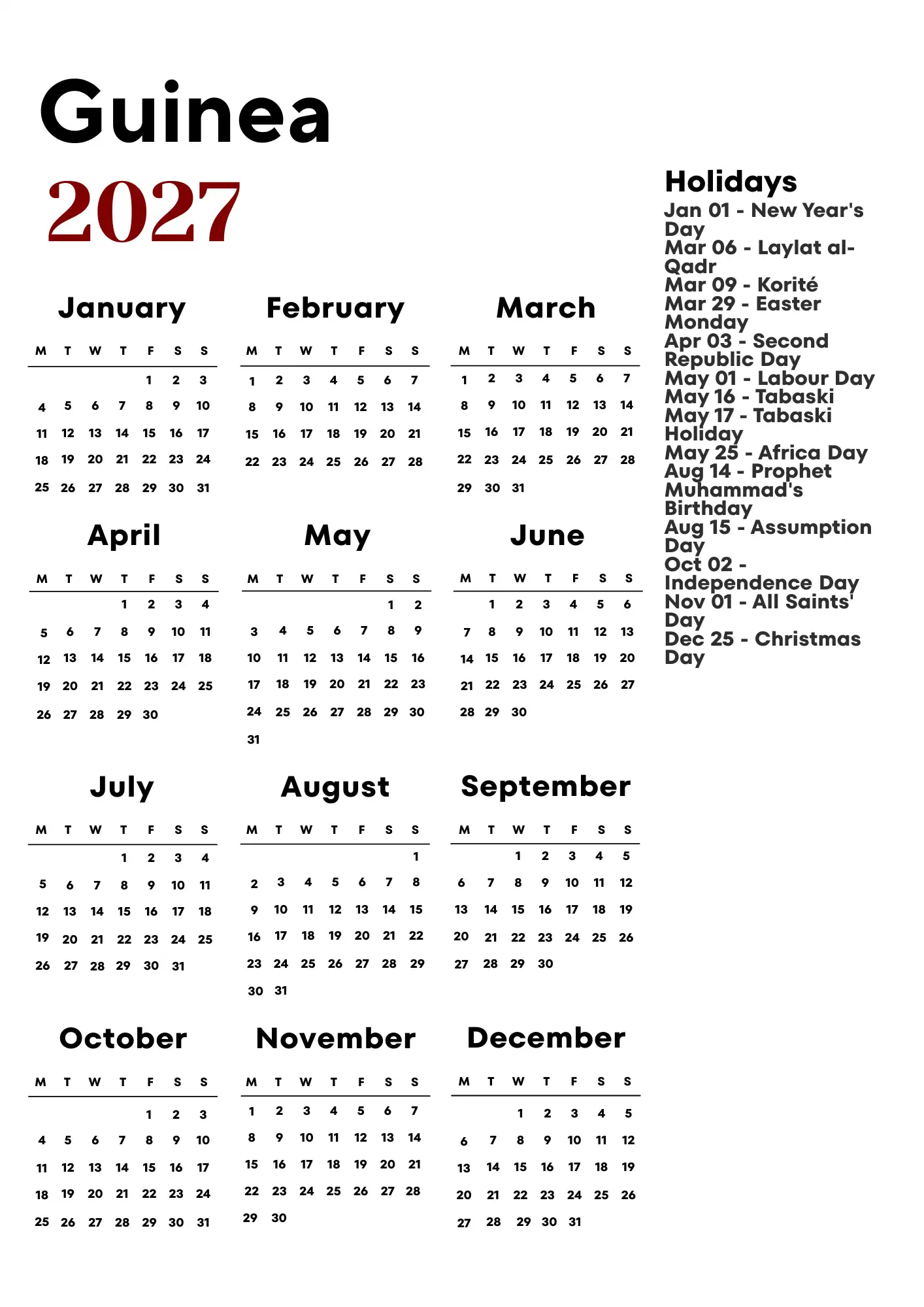 Guinea Calendar 2027