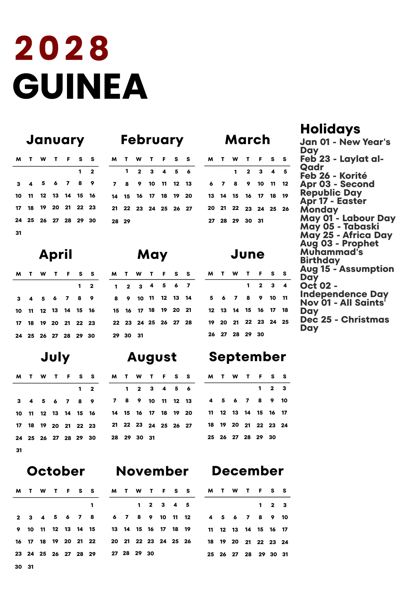 Guinea Calendar 2028
