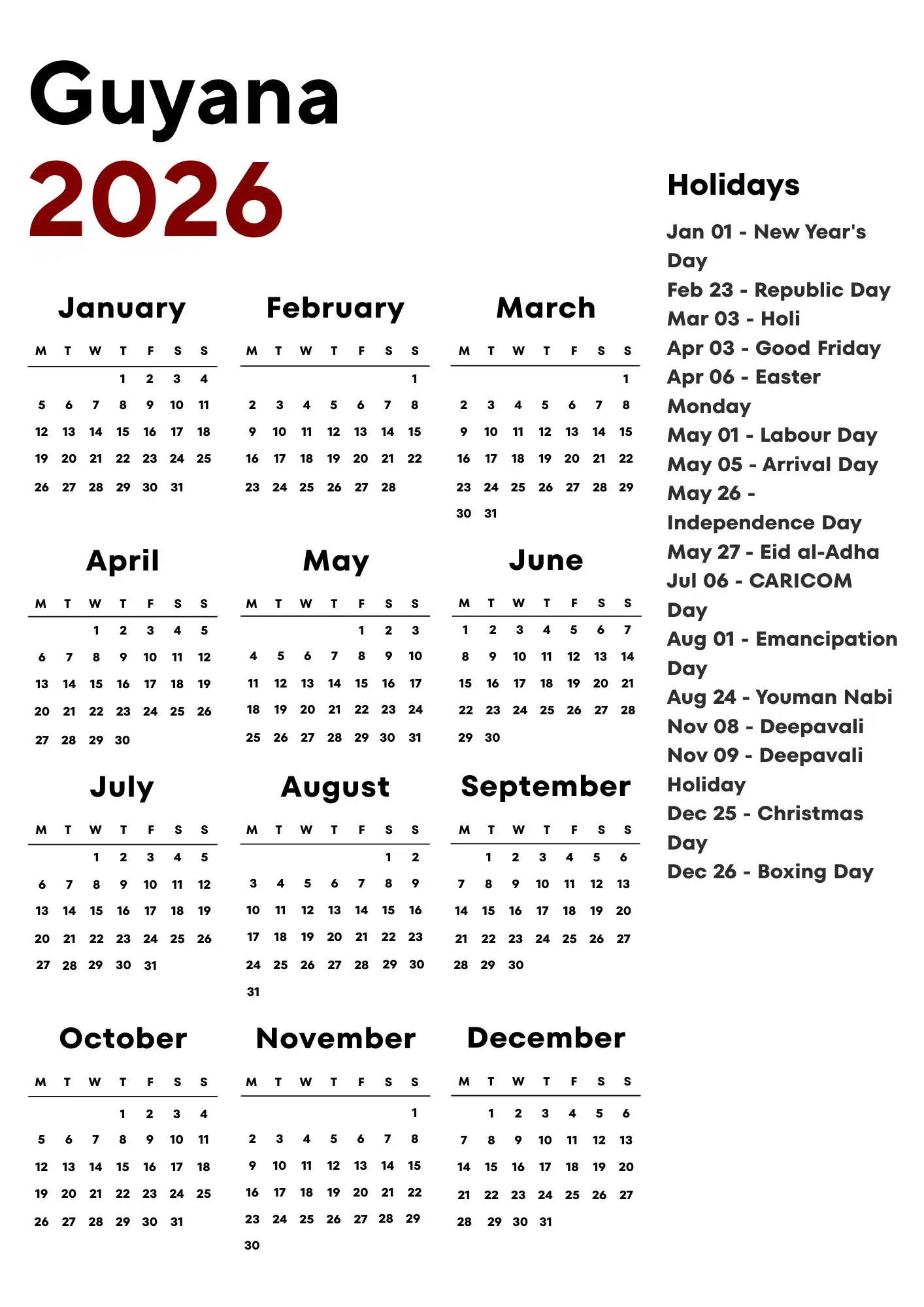 Guyana Calendar 2026