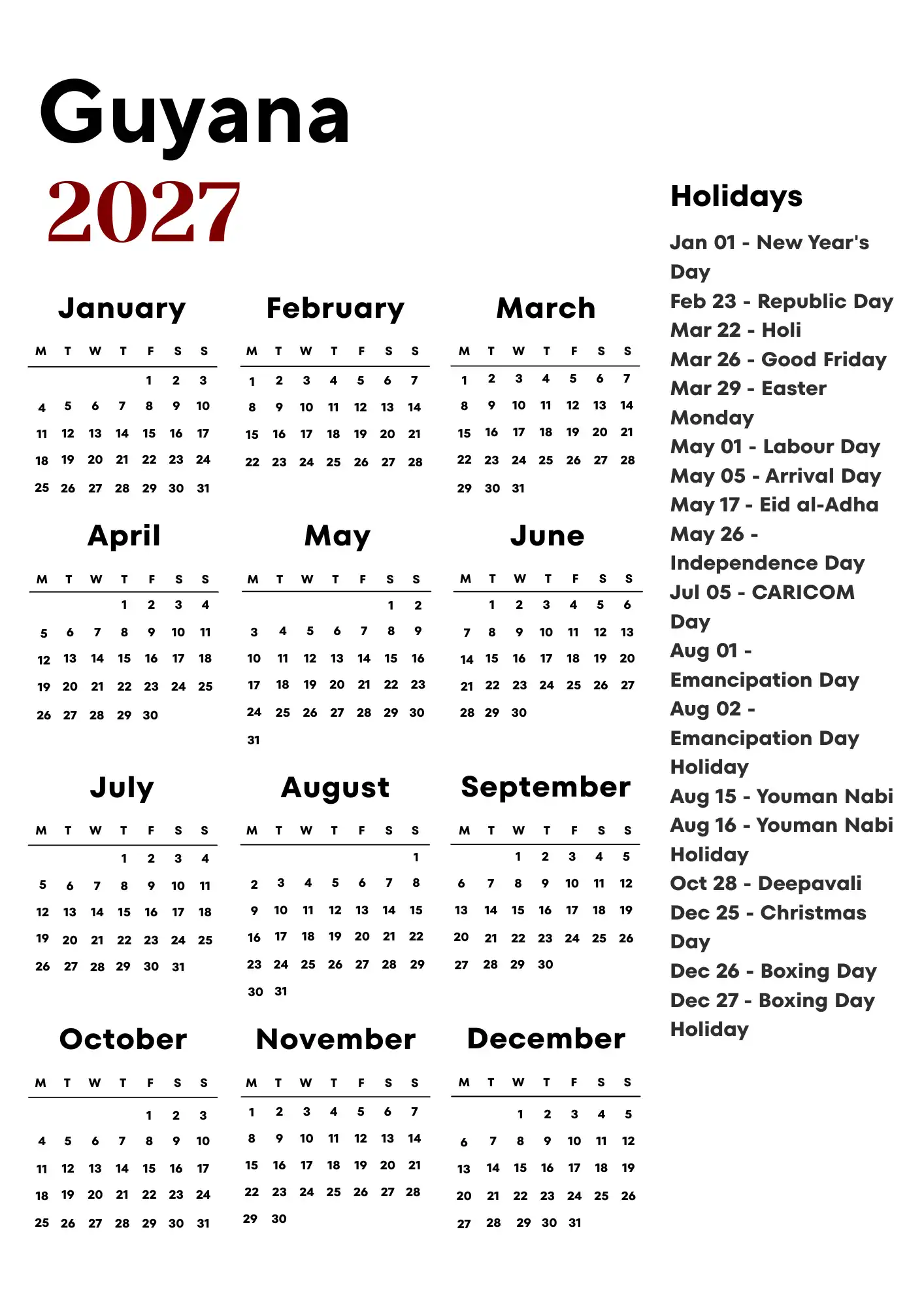 Guyana Calendar 2027
