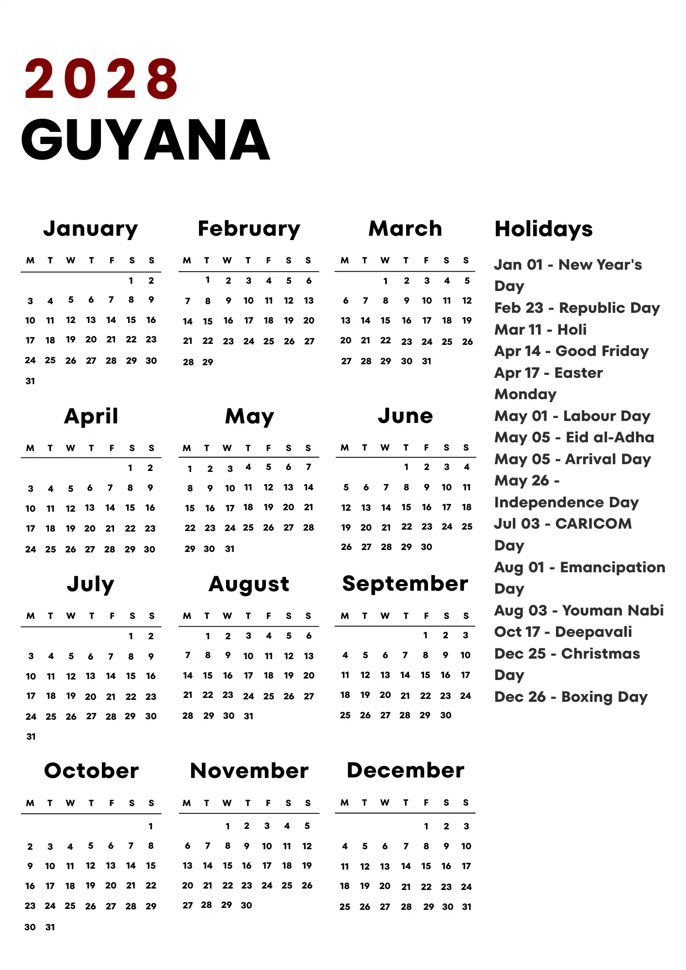 Guyana Calendar 2028
