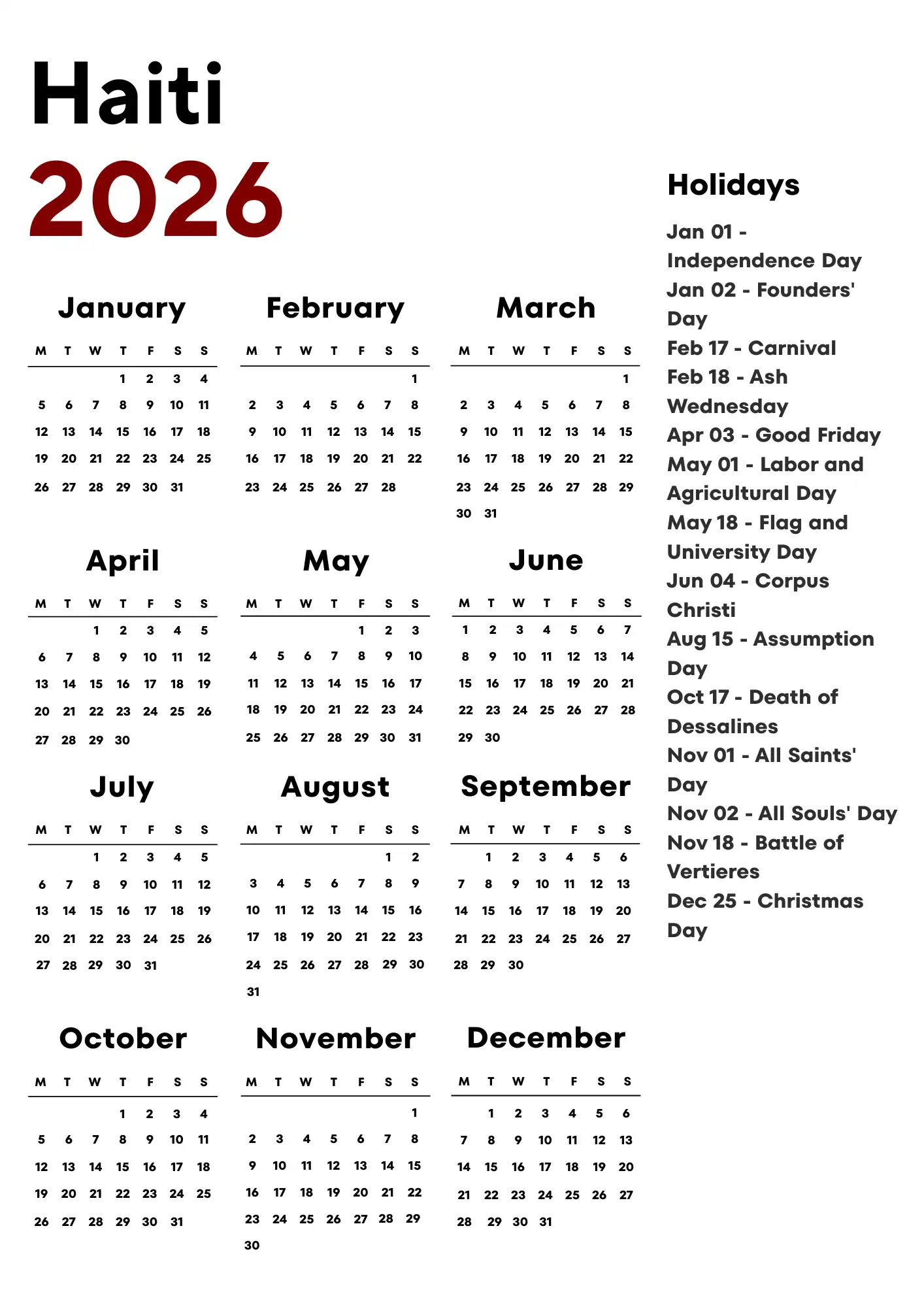 Haiti Calendar 2026