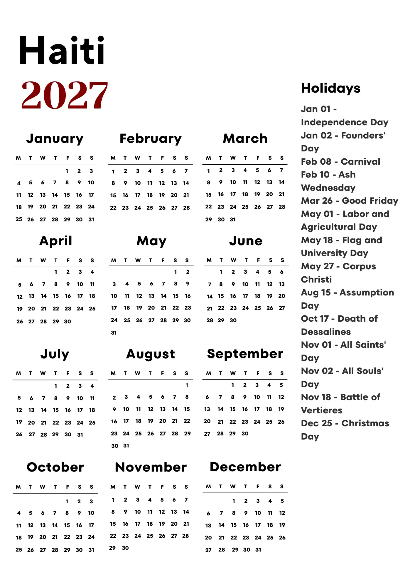 Haiti Calendar 2027