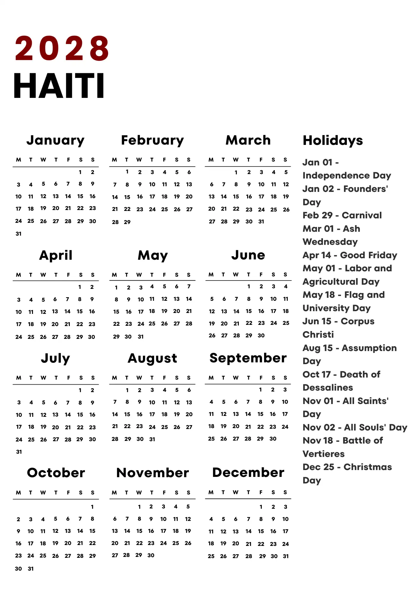 Haiti Calendar 2028