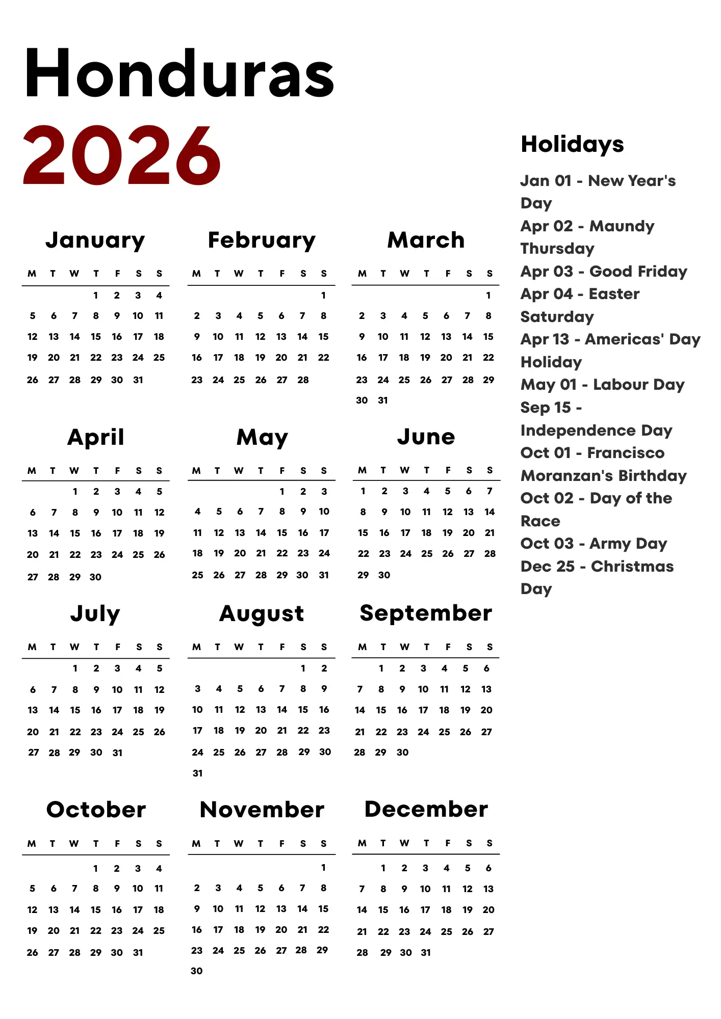 Honduras Calendar 2026