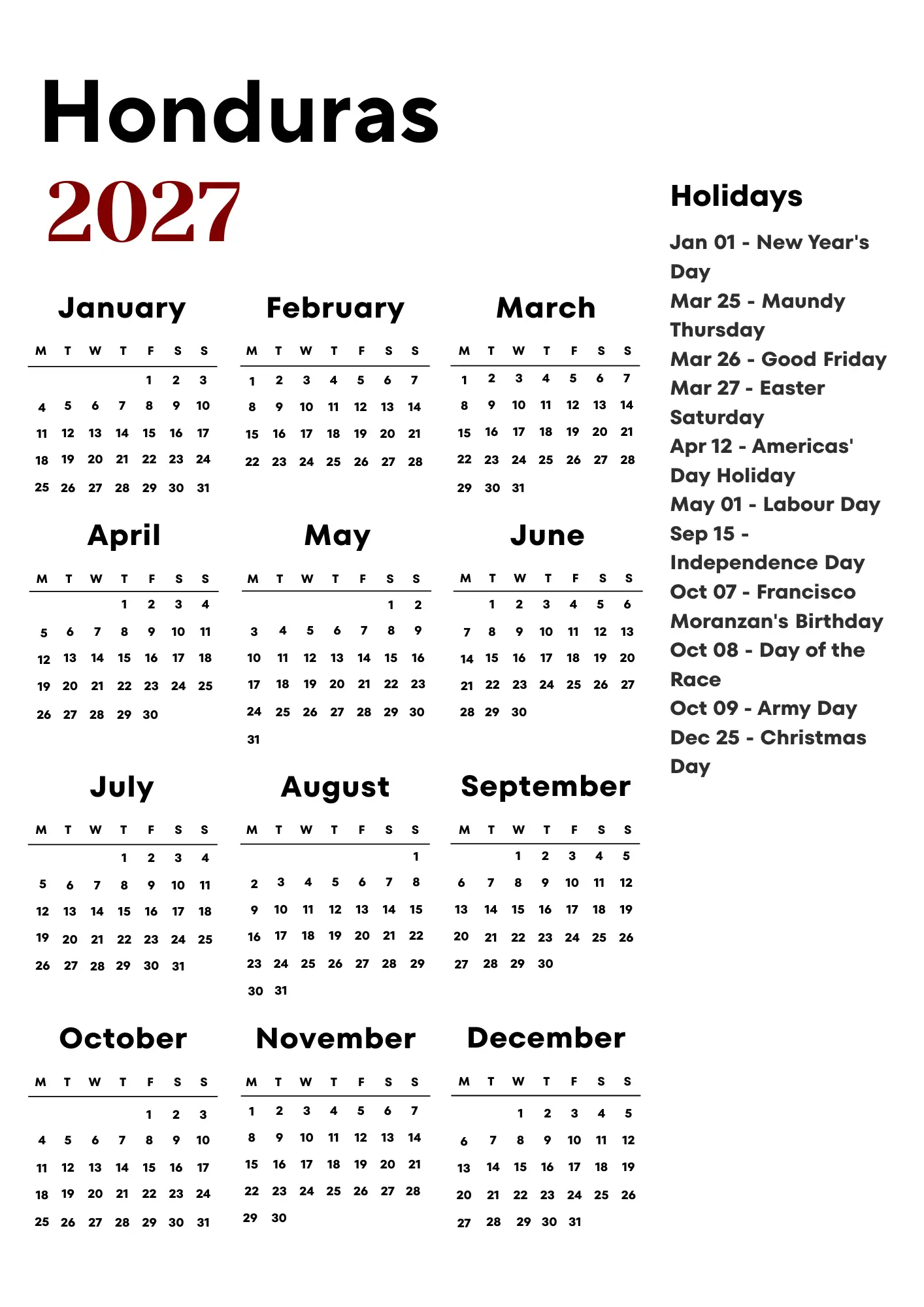 Honduras Calendar 2027
