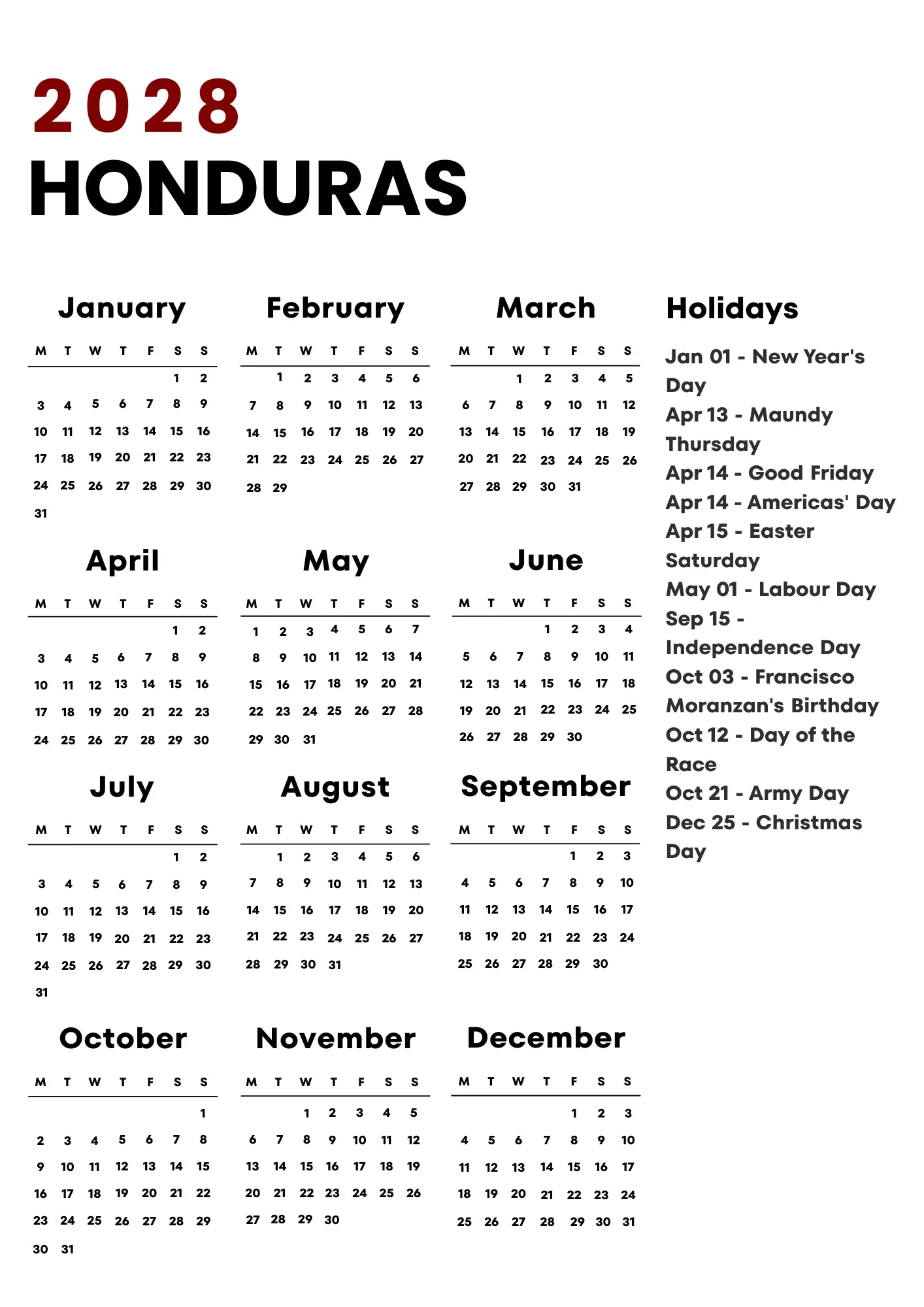 Honduras Calendar 2028