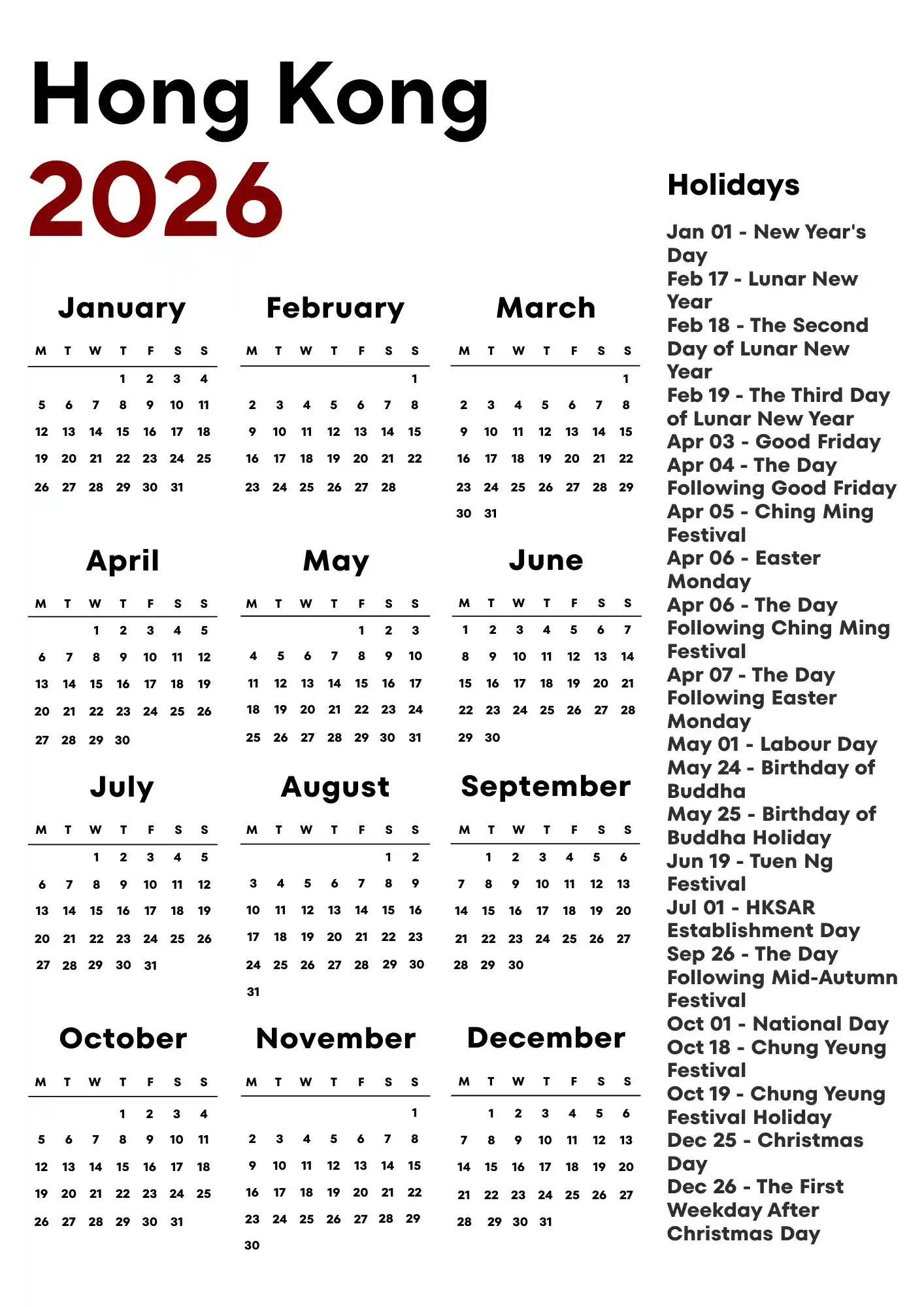 Hong Kong Calendar 2026