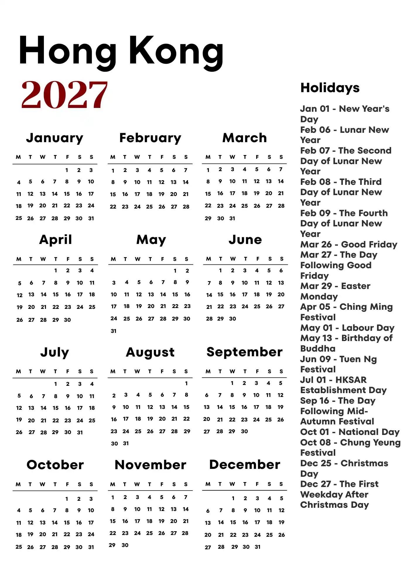 Hong Kong Calendar 2027