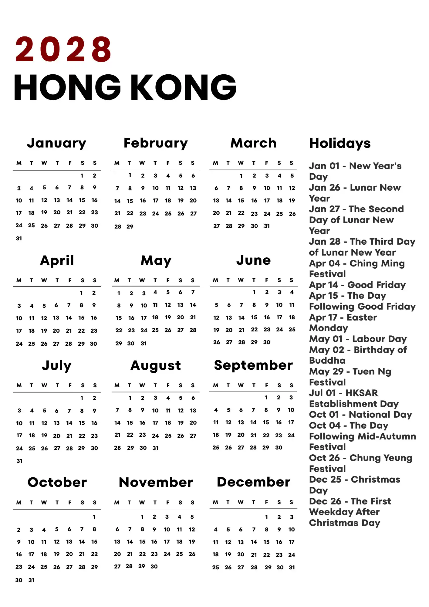 Hong Kong Calendar 2028