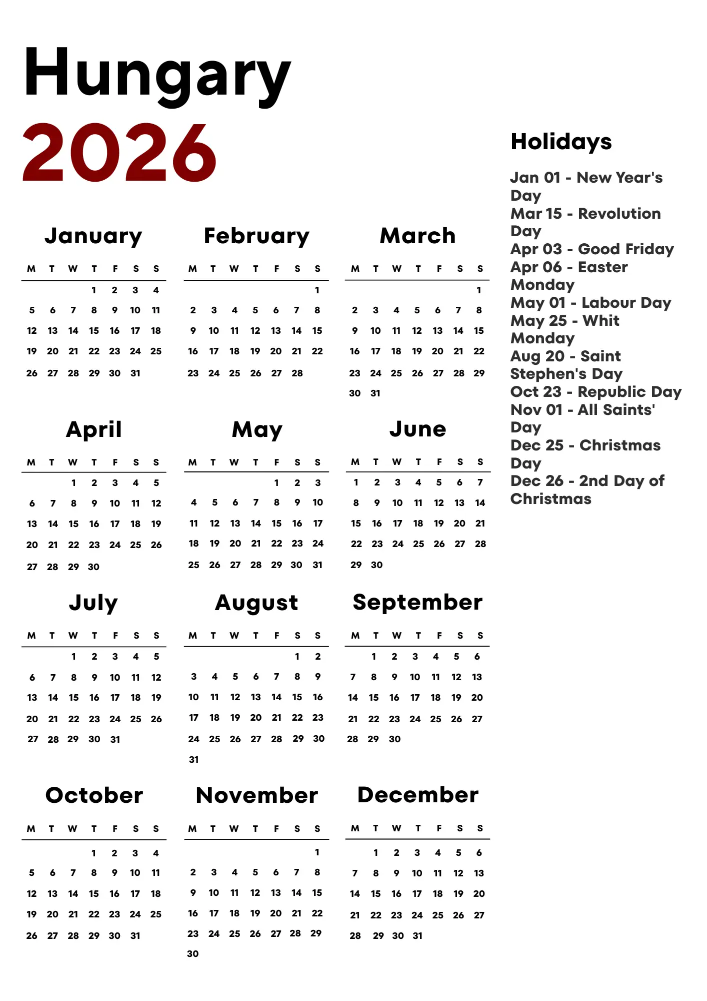 Hungary Calendar 2026