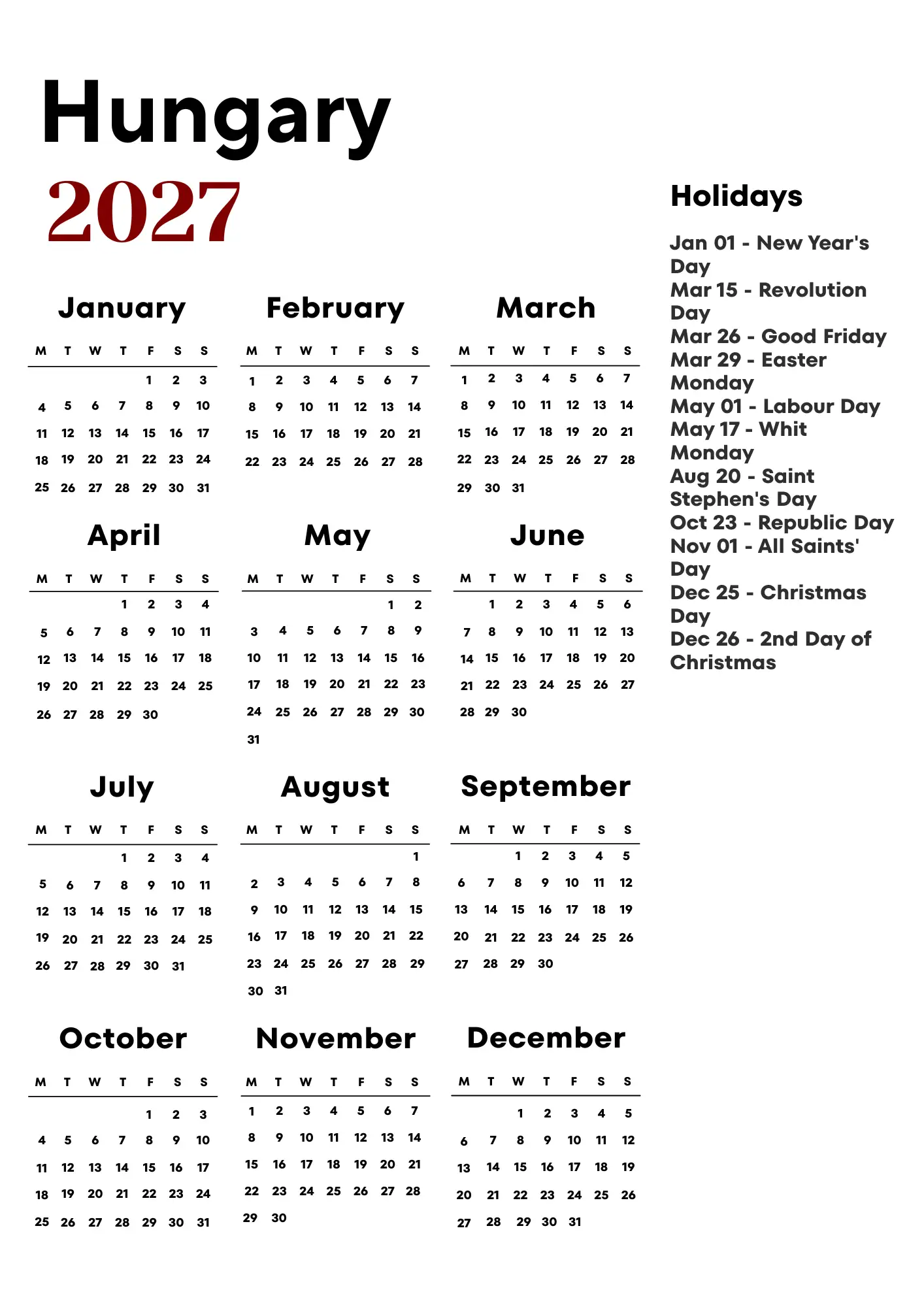 Hungary Calendar 2027