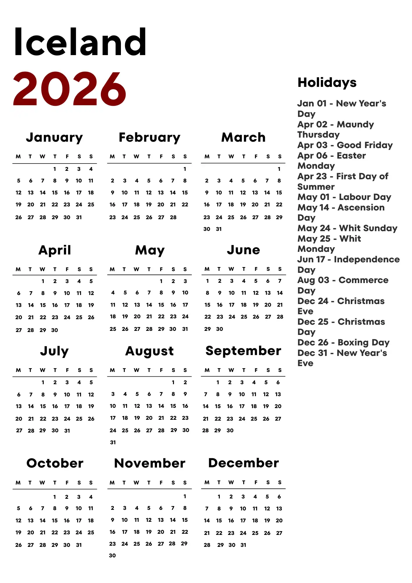 Iceland Calendar 2026