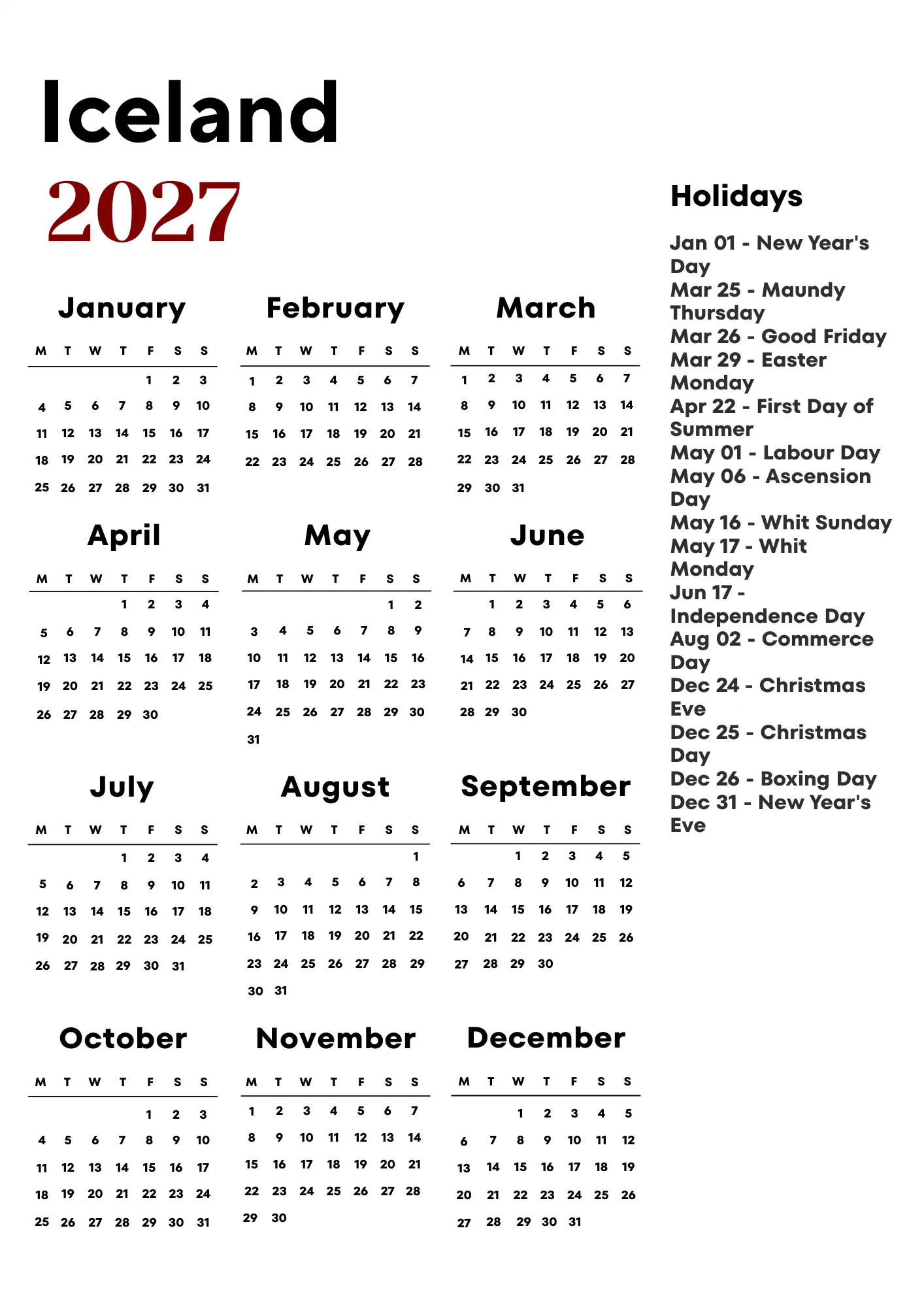 Iceland Calendar 2027