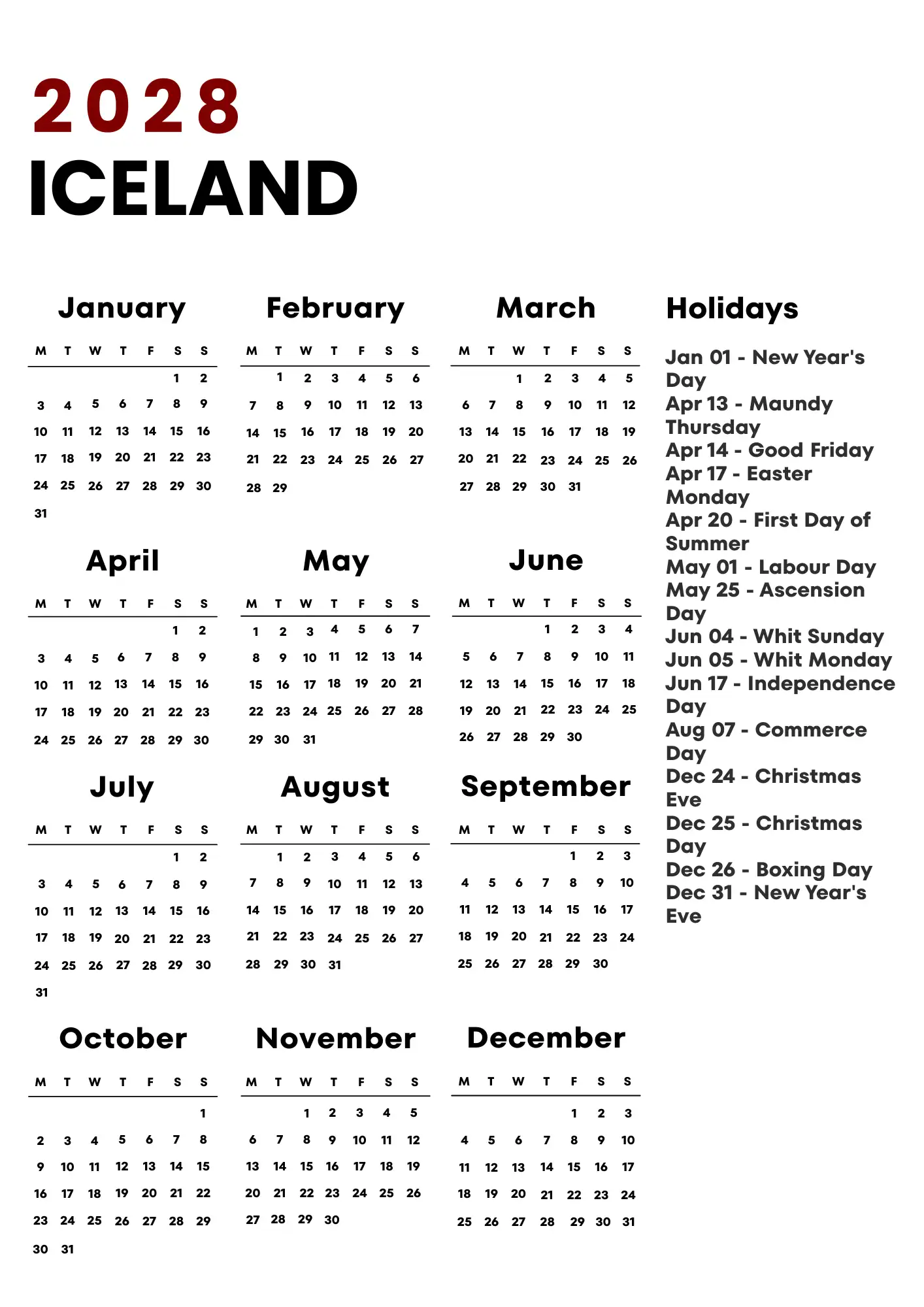 Iceland Calendar 2028