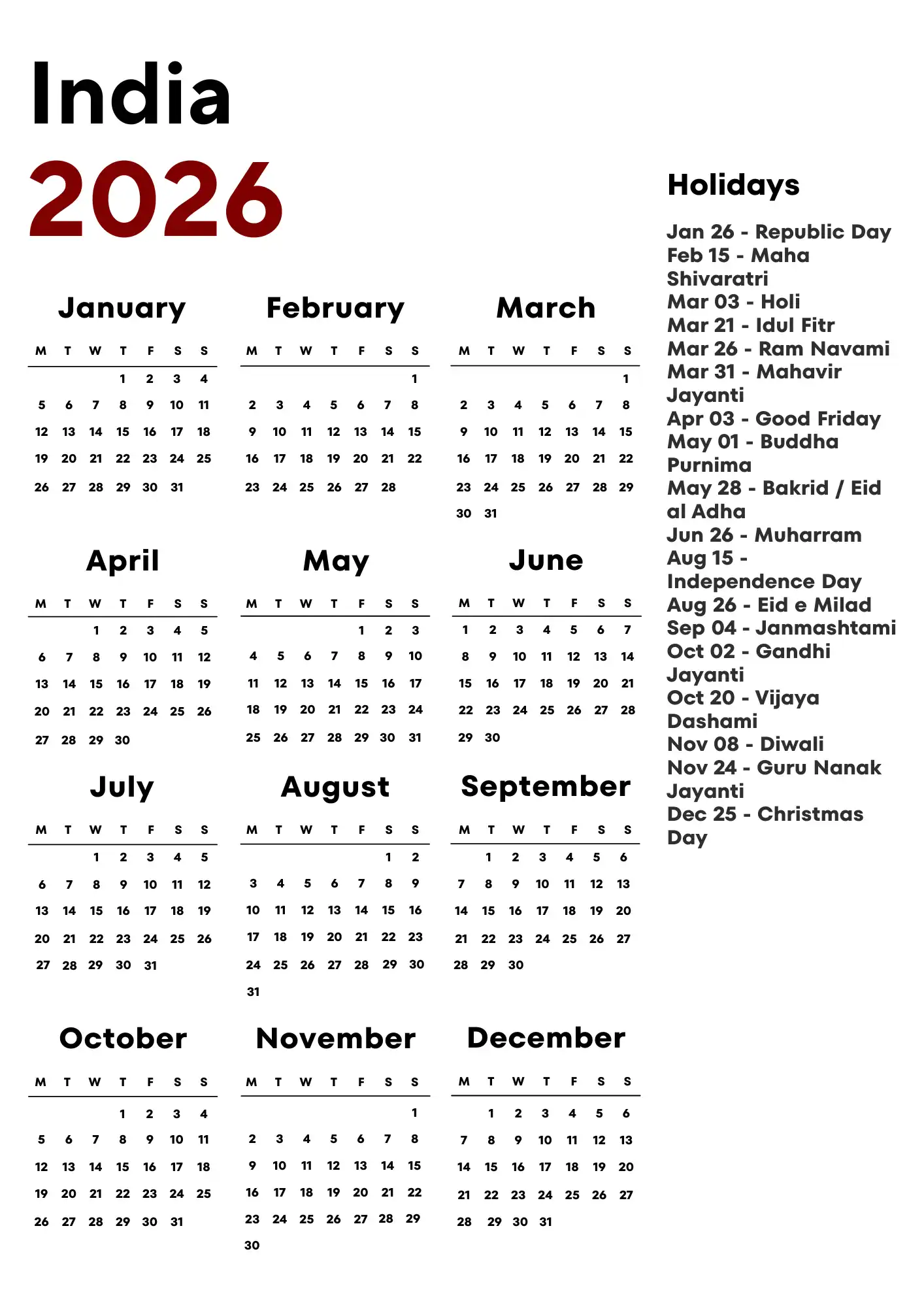 India Calendar 2026