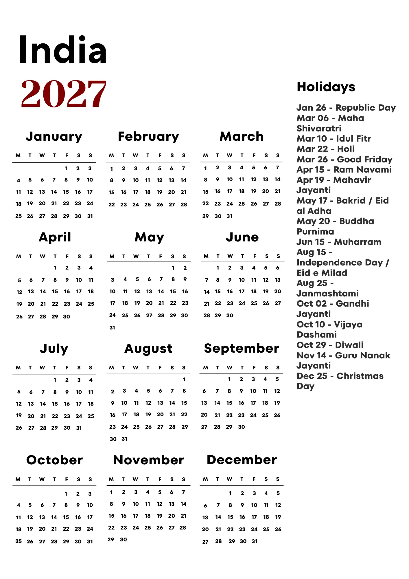 India Calendar 2027