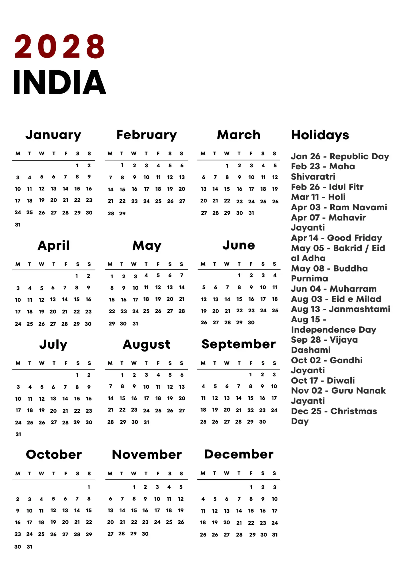 India Calendar 2028