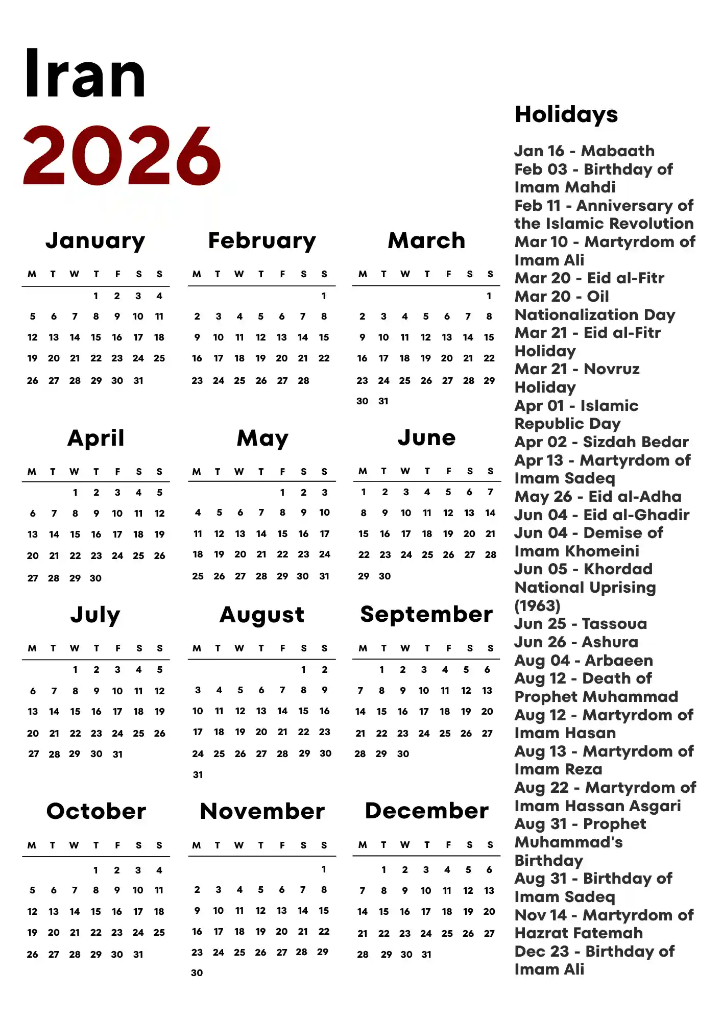 Iran Calendar 2026