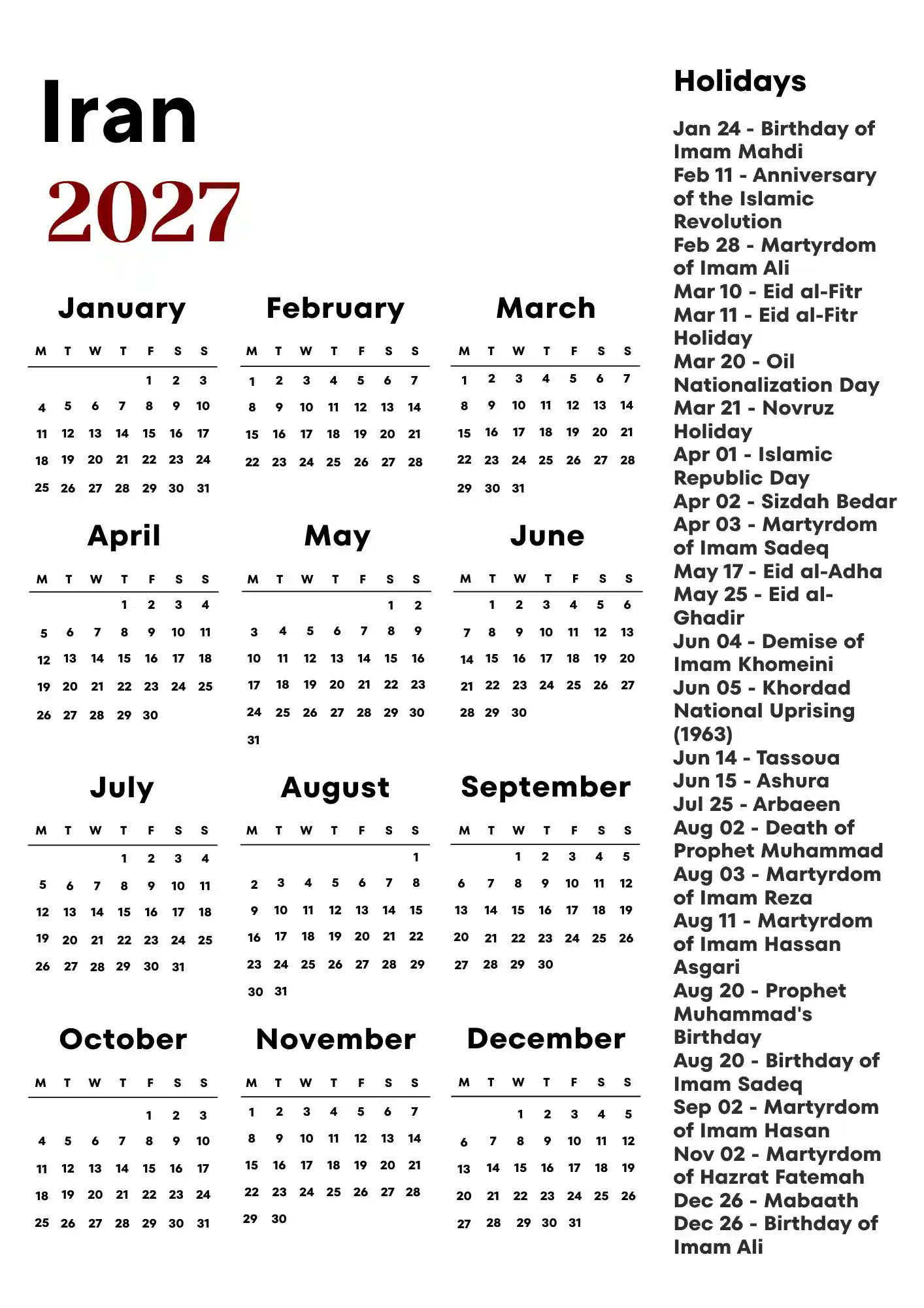 Iran Calendar 2027