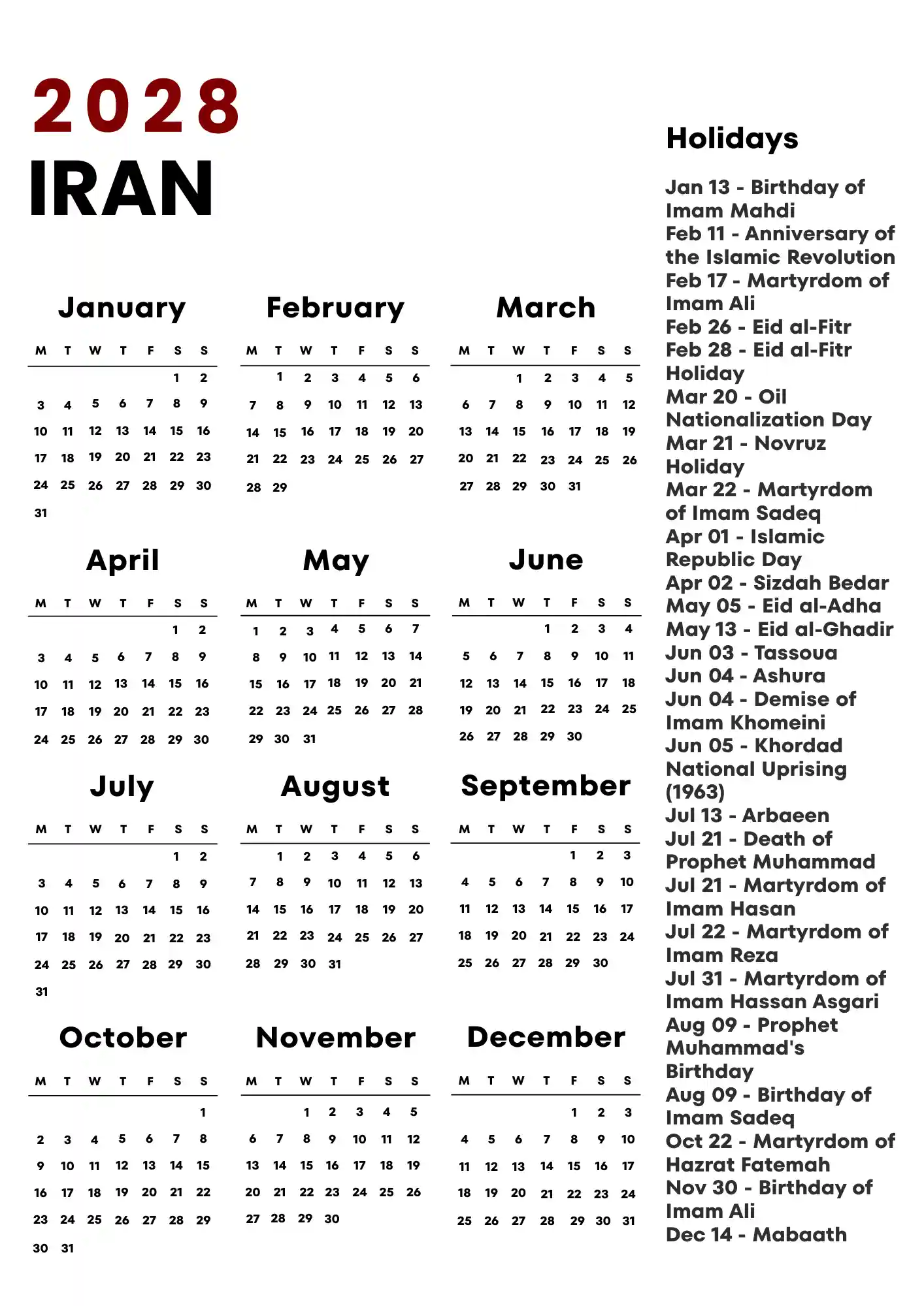 Iran Calendar 2028