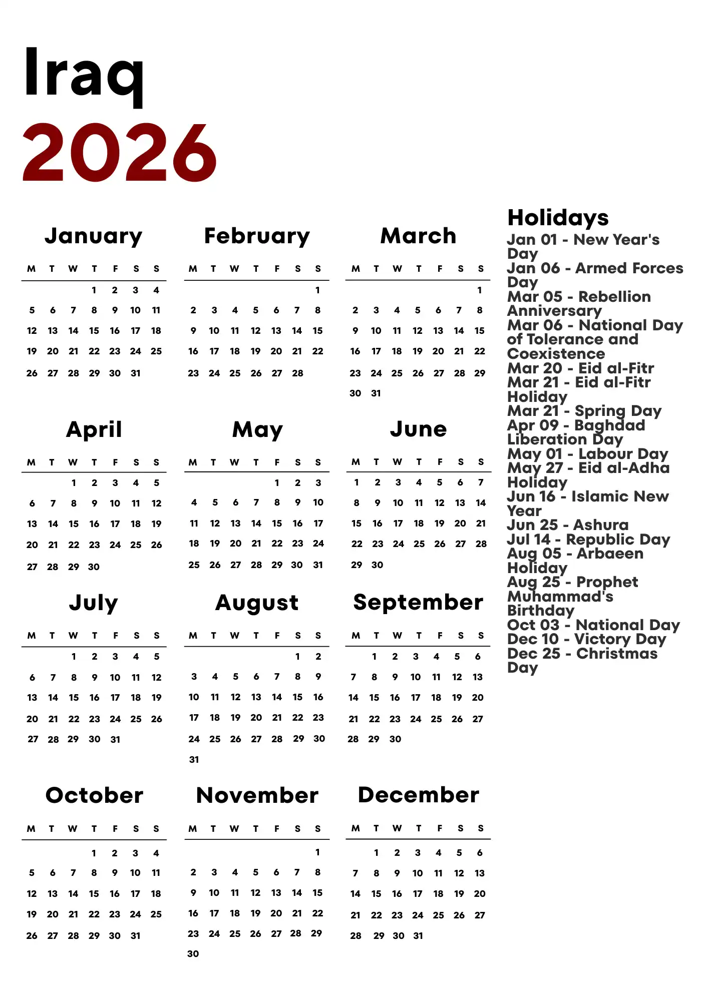 Iraq Calendar 2026