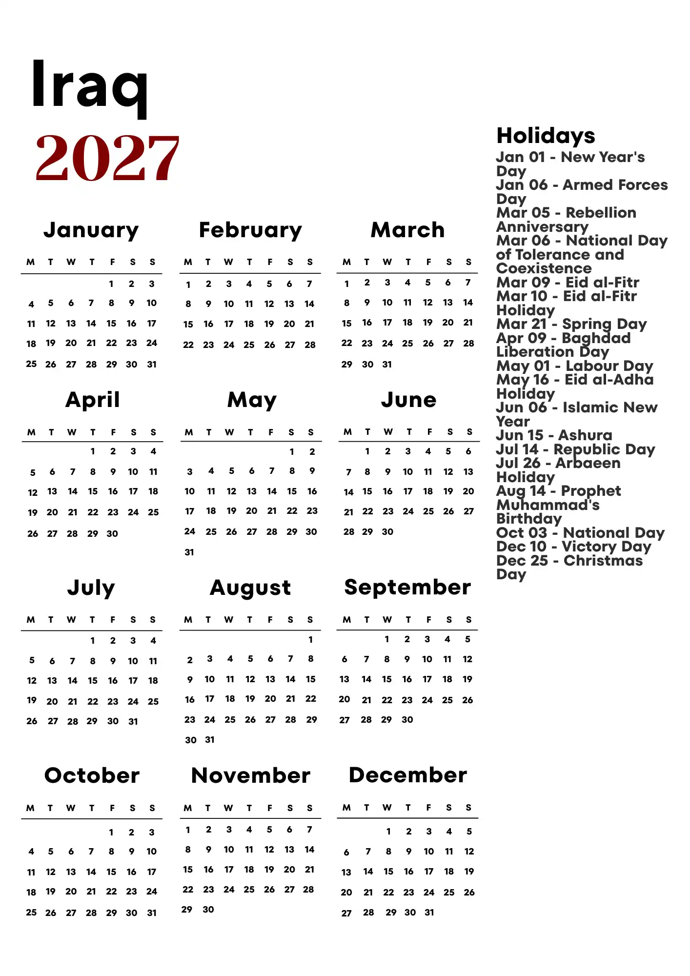 Iraq Calendar 2027