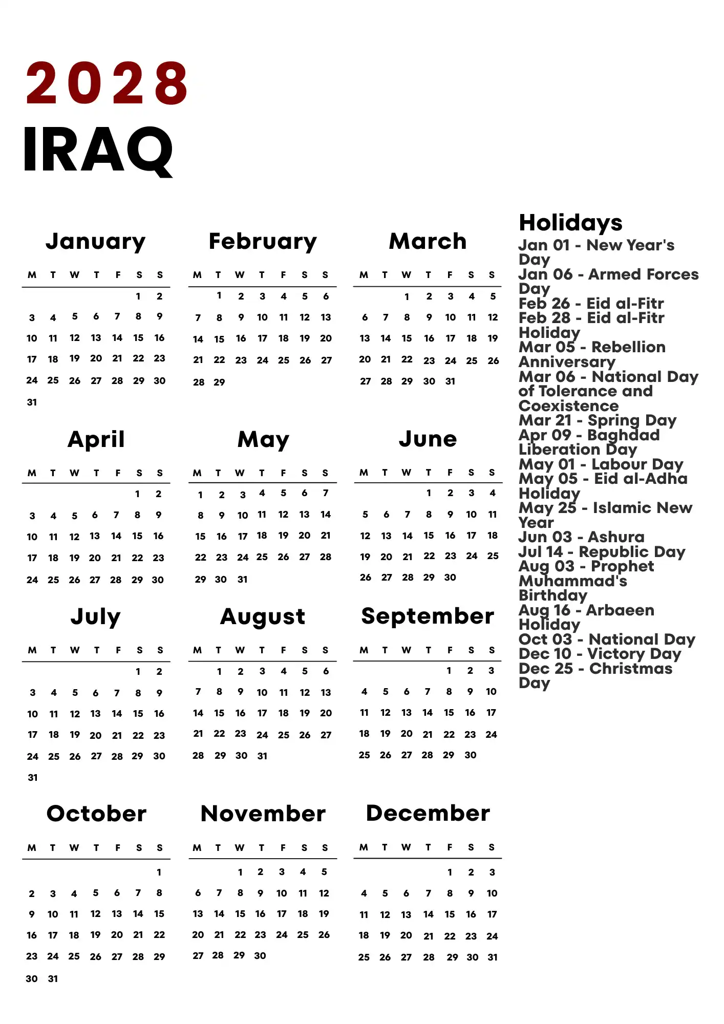 Iraq Calendar 2028