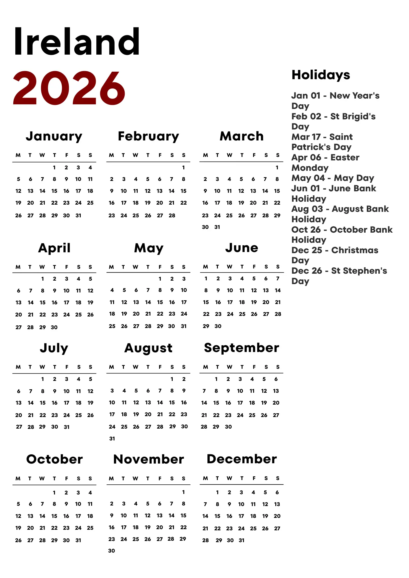 Ireland Calendar 2026