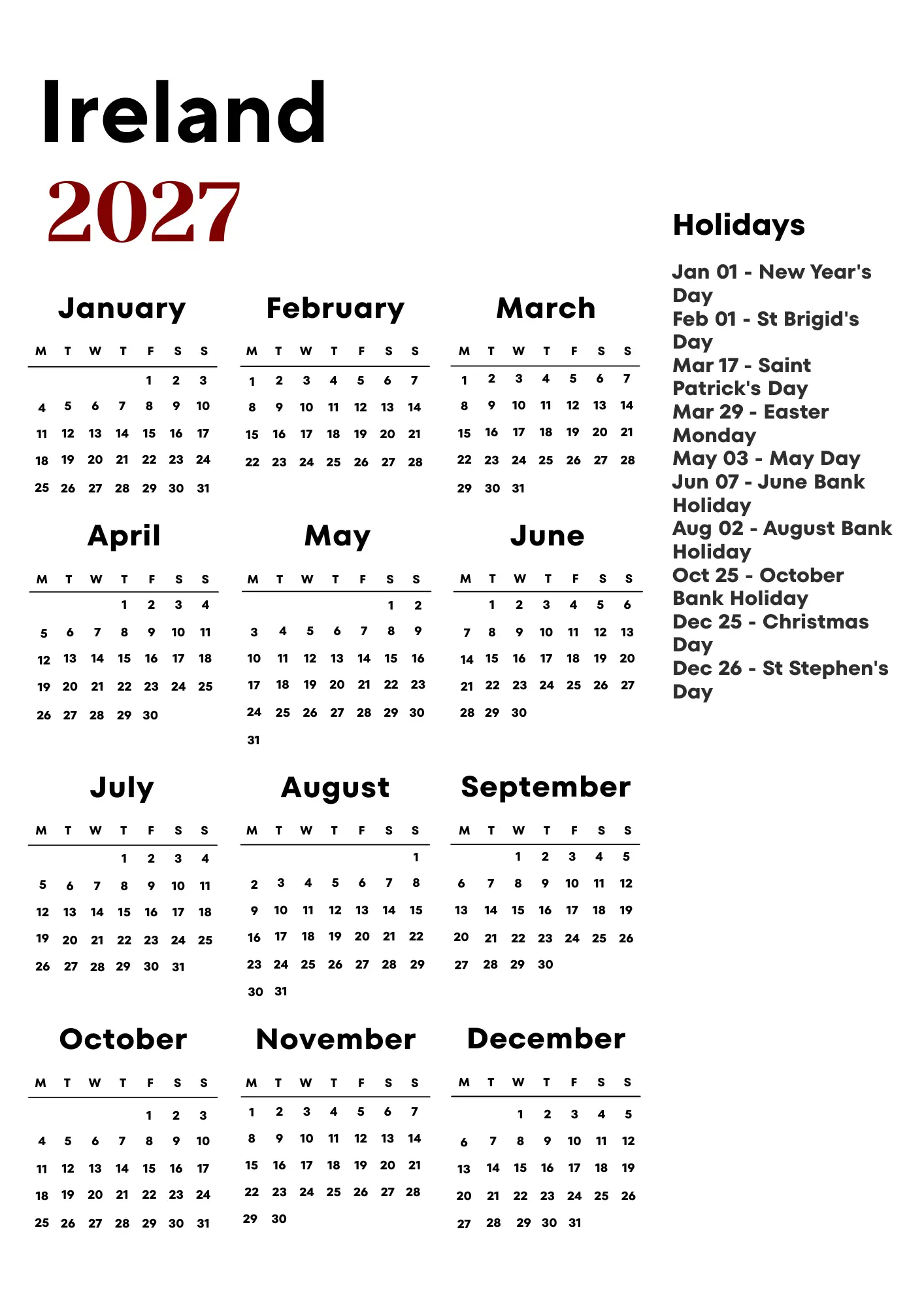 Ireland Calendar 2027