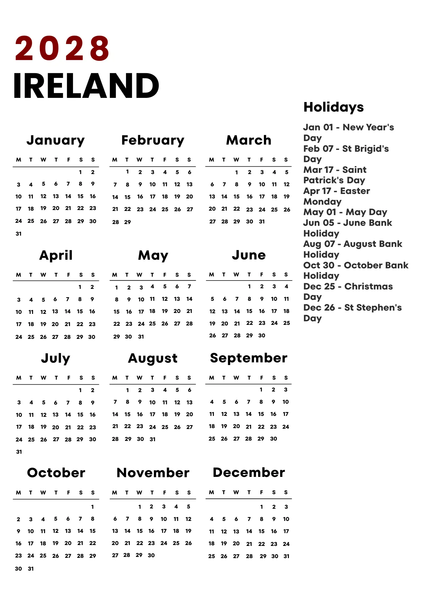 Ireland Calendar 2028