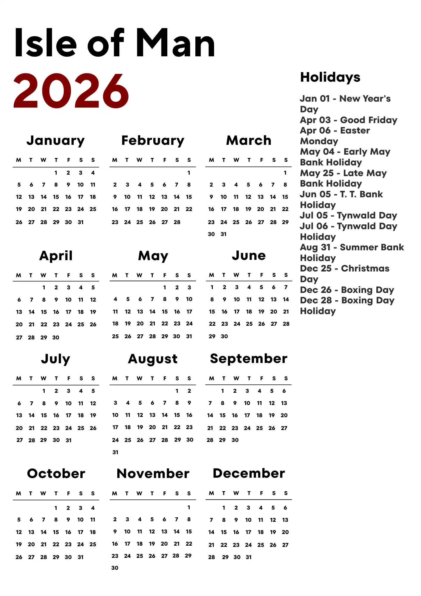 Isle of Man Calendar 2026