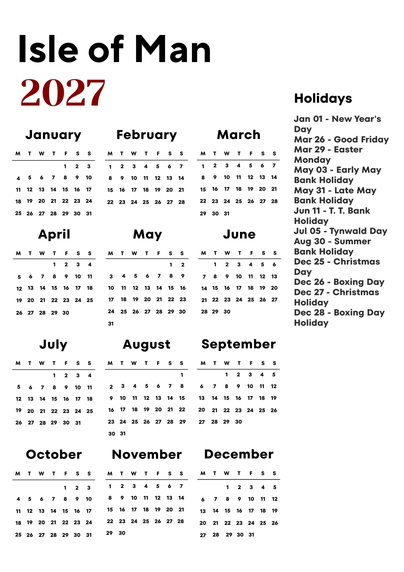 Isle of Man Calendar 2027