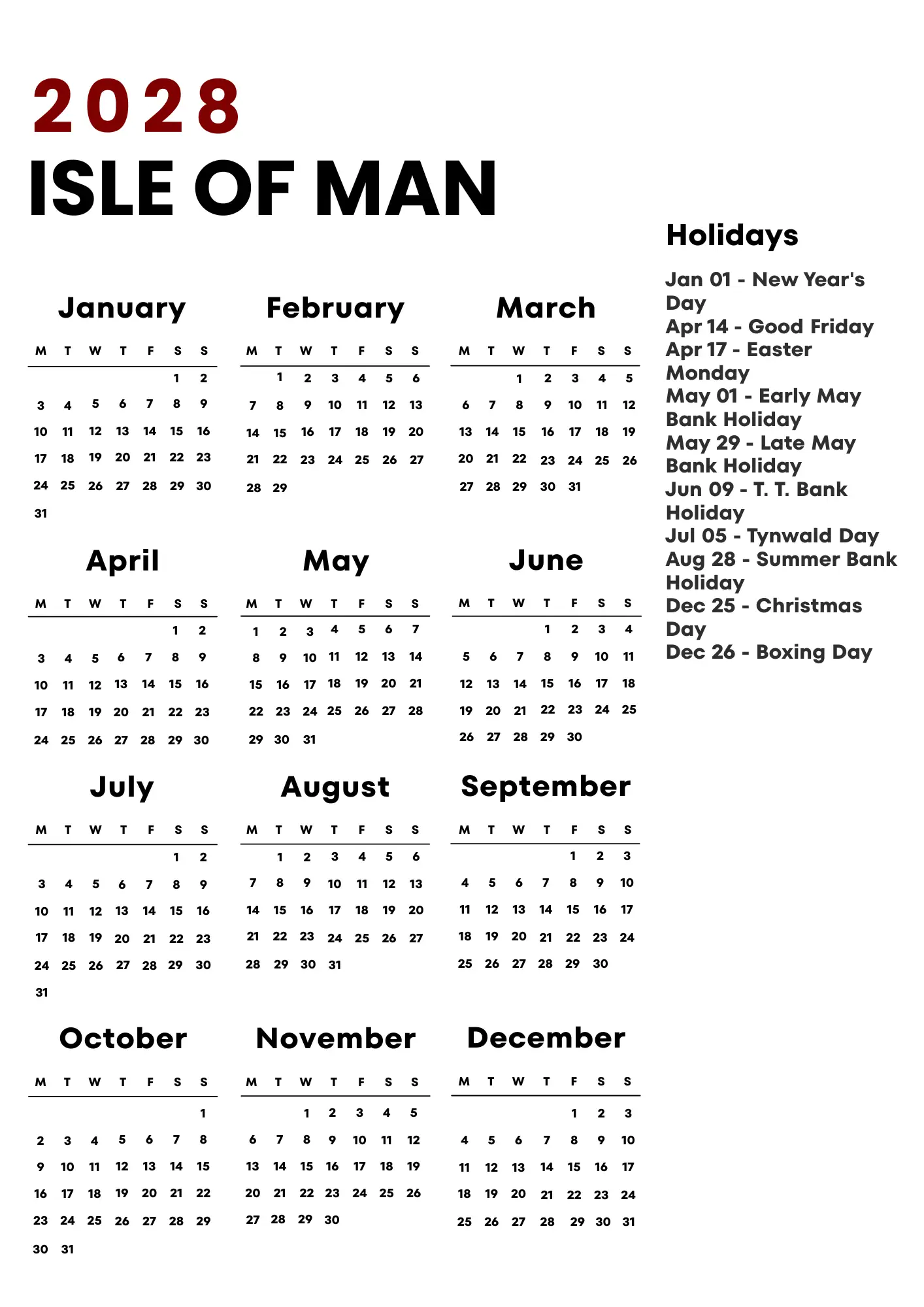 Isle of Man Calendar 2028