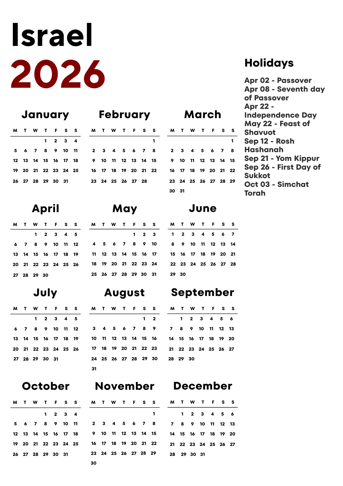 Israel Calendar 2026