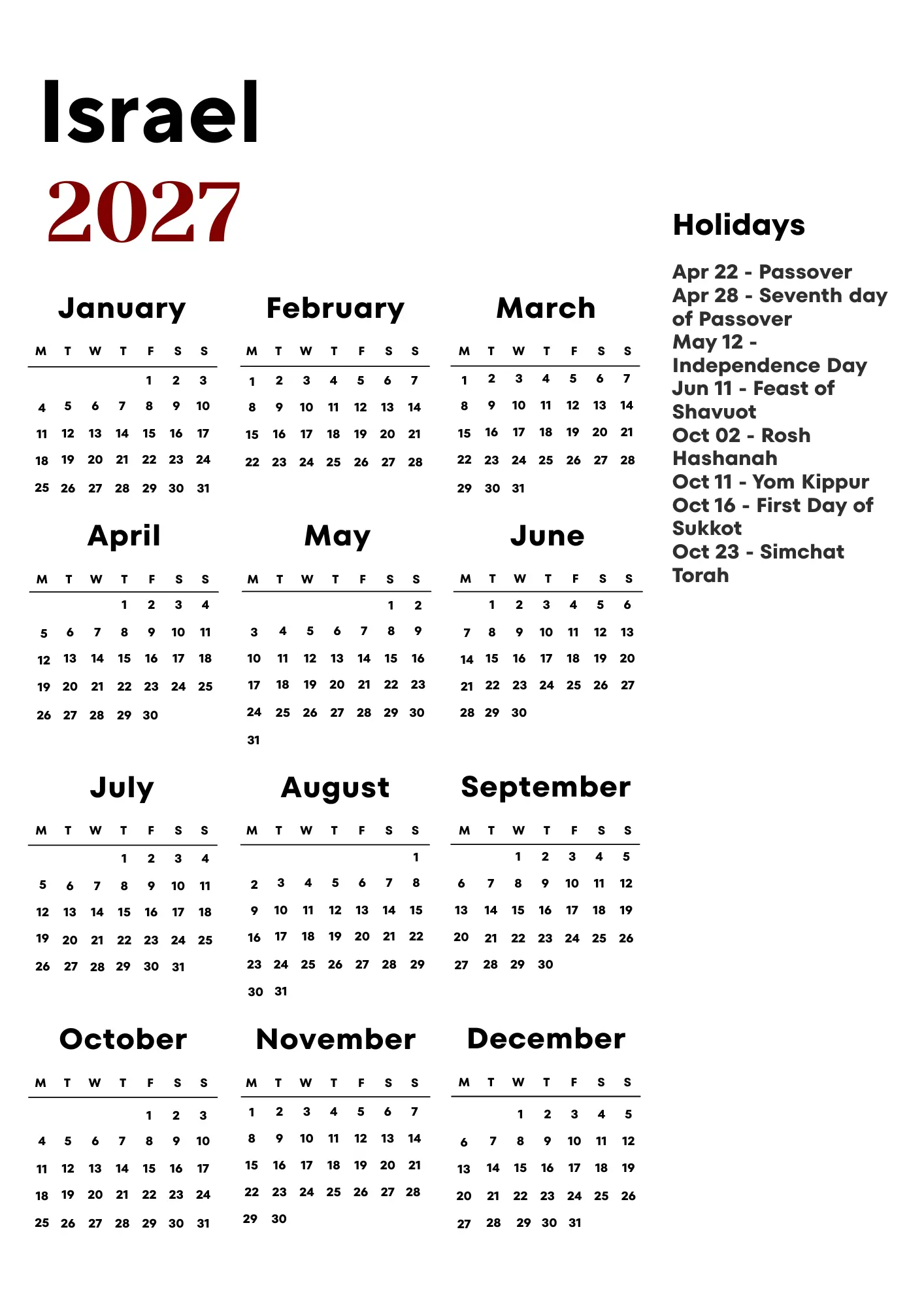 Israel Calendar 2027