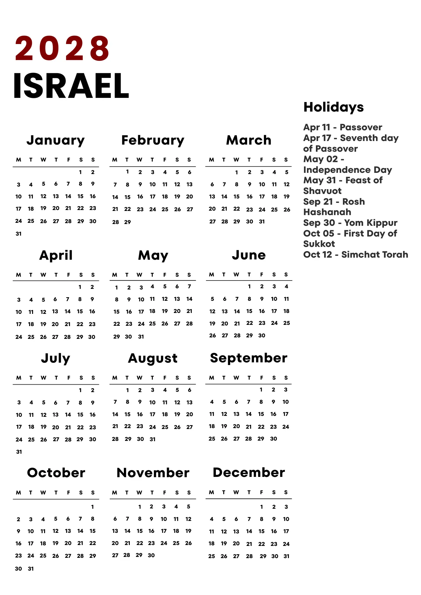 Israel Calendar 2028