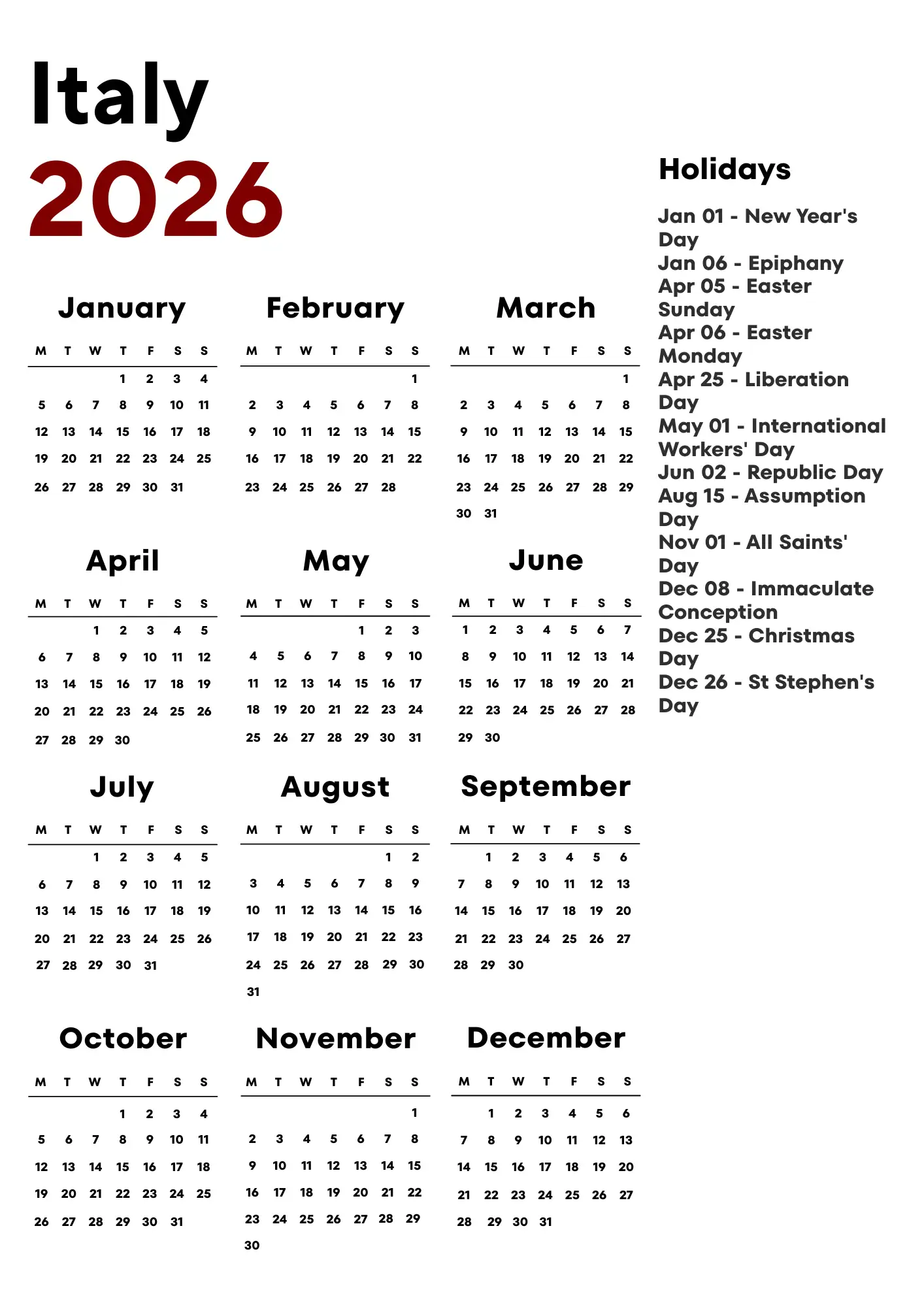 Italy Calendar 2026